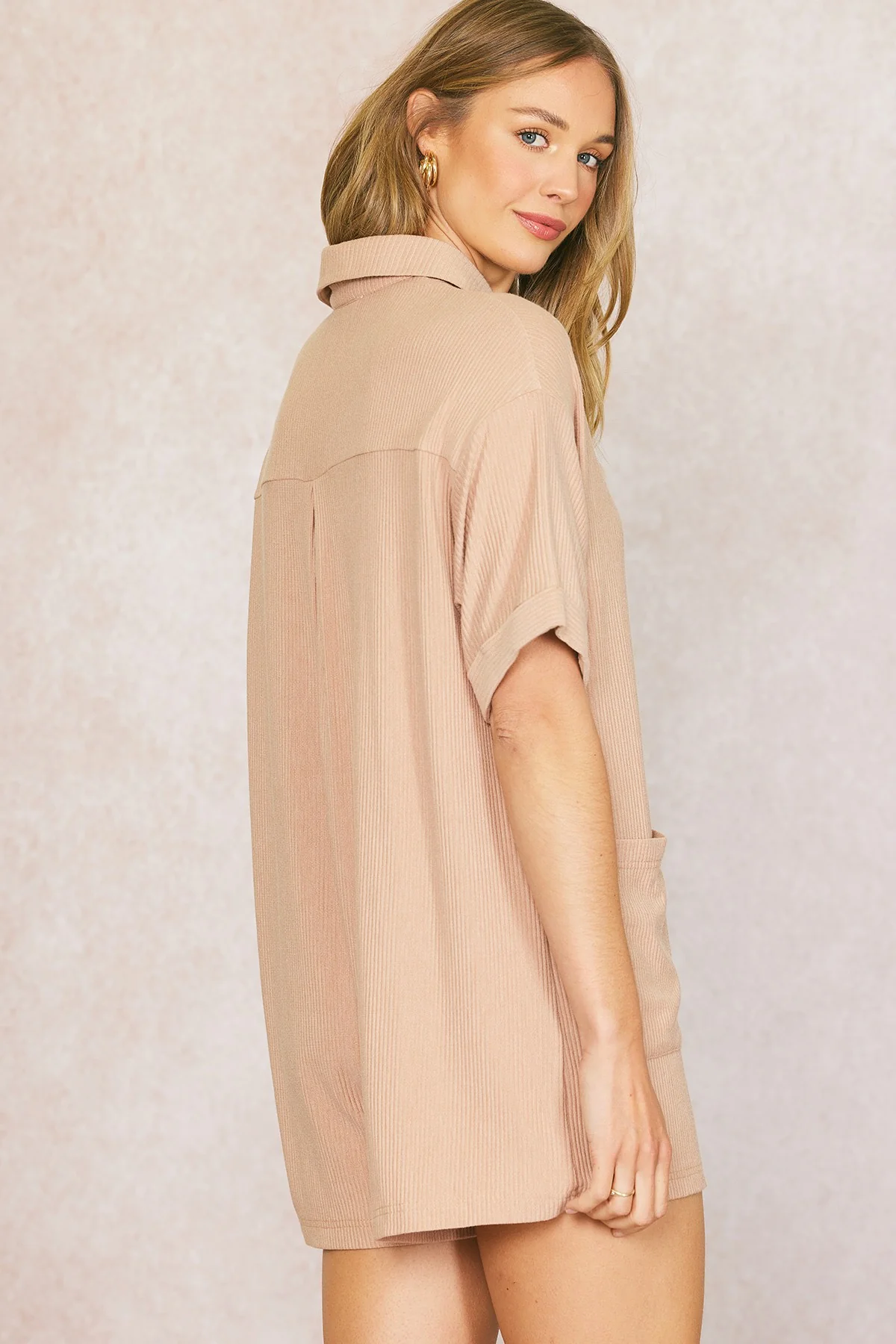 Almond Ribbed Button Down Romper - Image 3