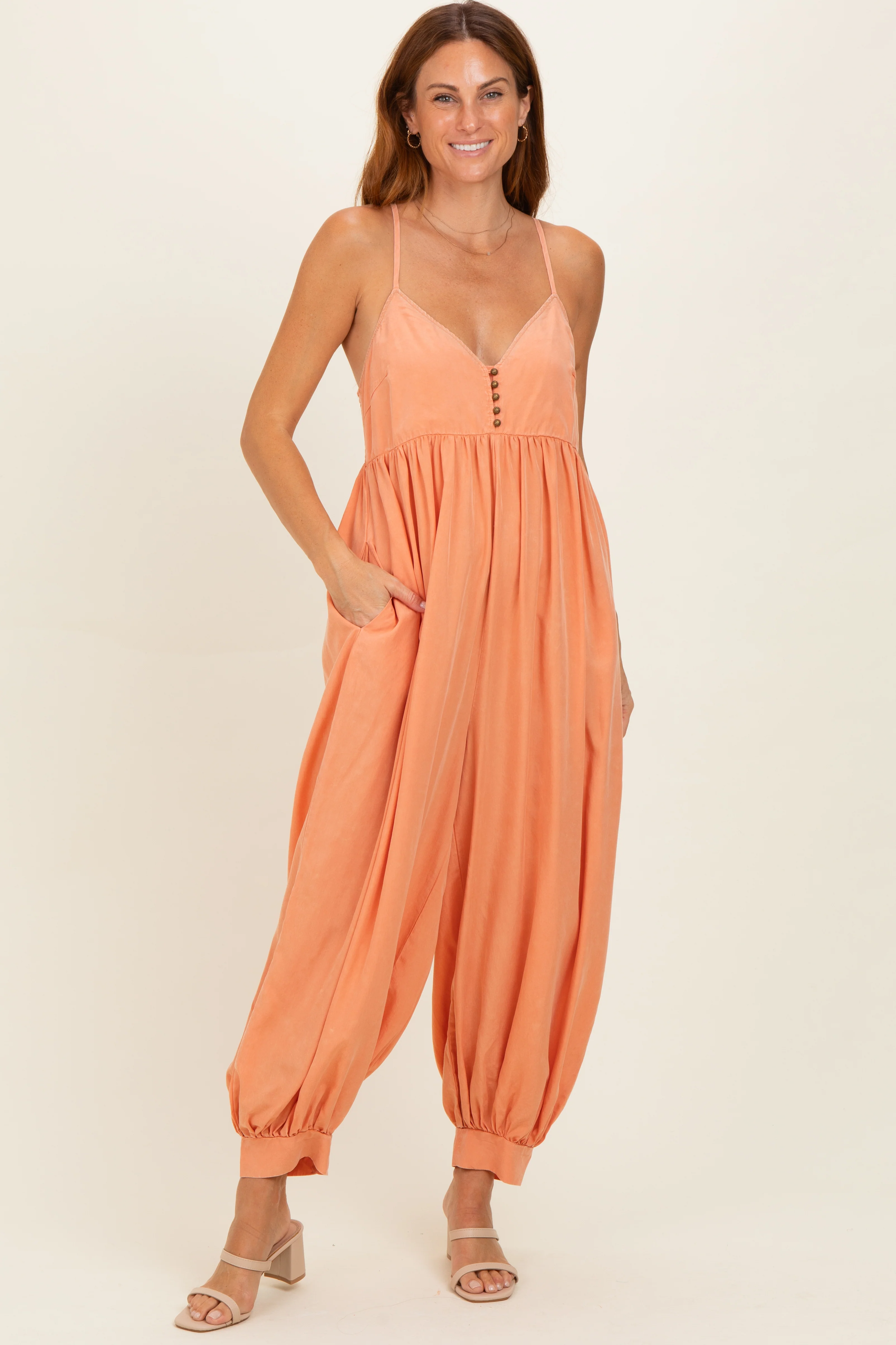 Apricot Mineral Wash Sleeveless V-Neck Maternity Jumpsuit - Image 4
