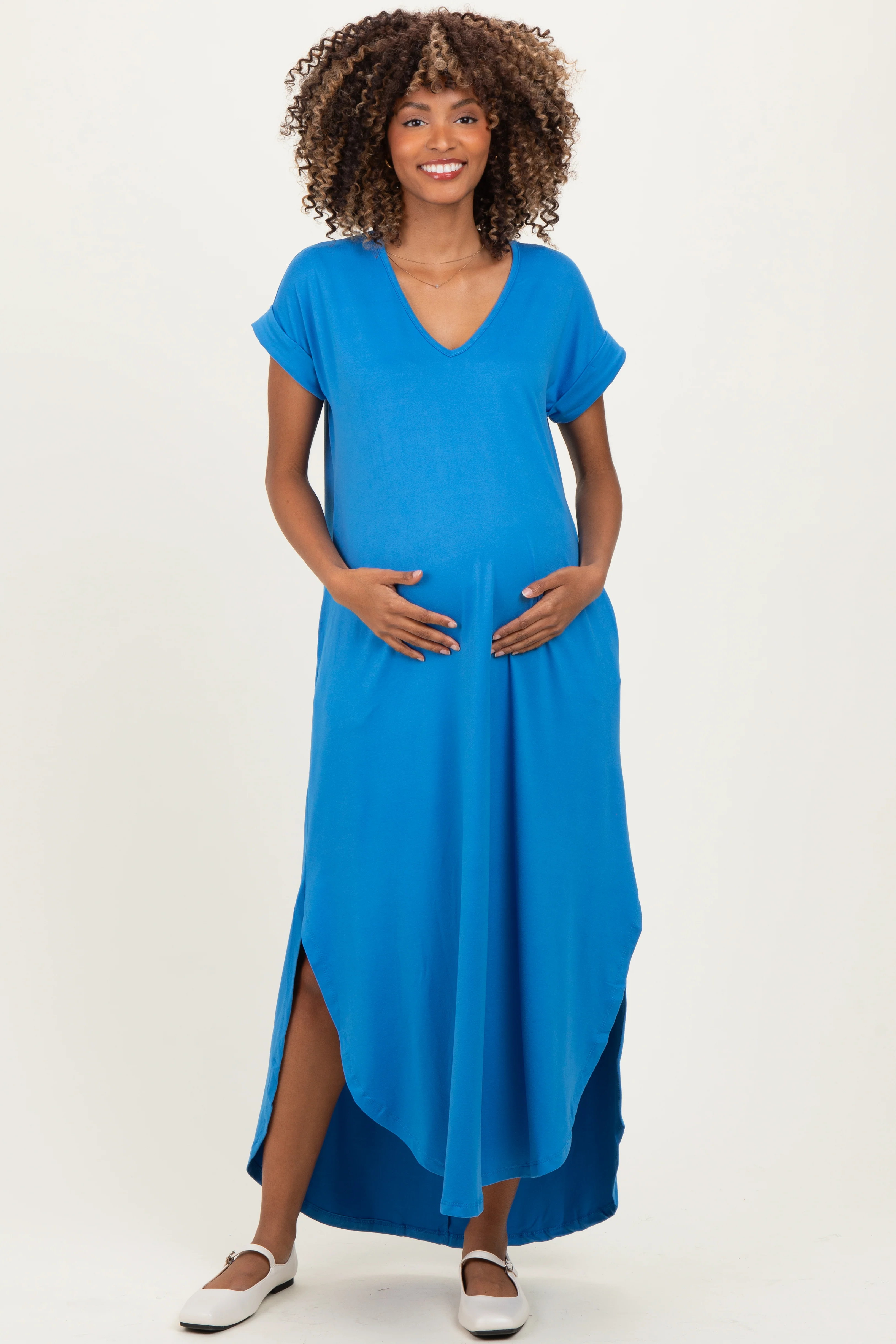 Aqua Blue Side Slit Maternity Maxi Dress - Image 3