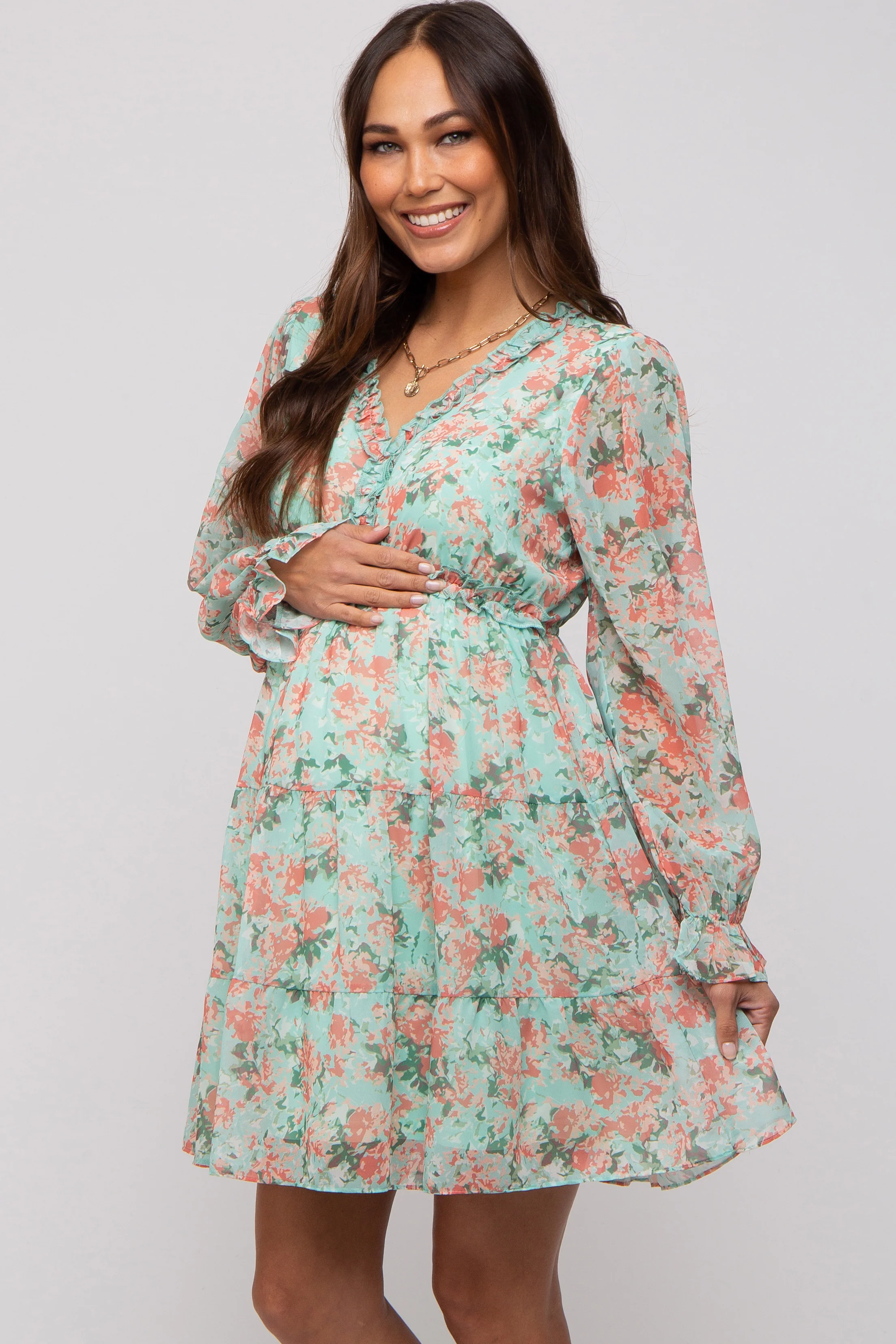 Aqua Floral Ruffle Accent Maternity Dress - Image 3