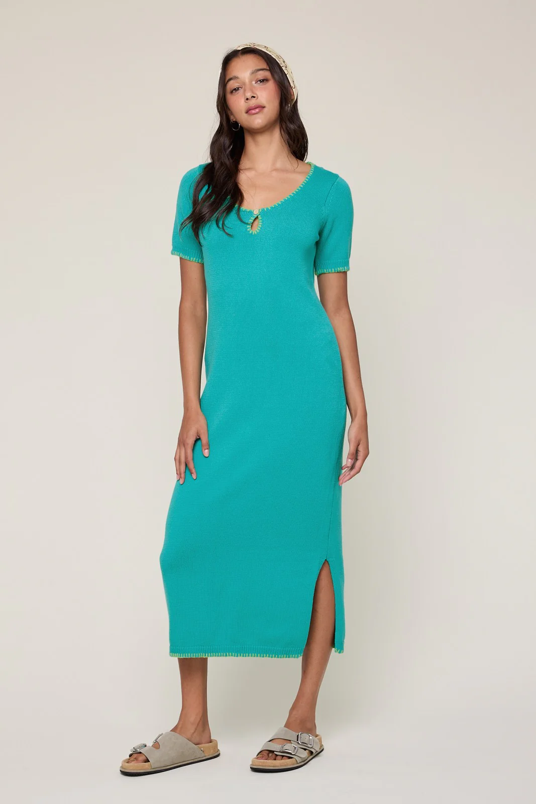 Aqua Knit Contrast Stitch Detail Midi Dress - Image 3