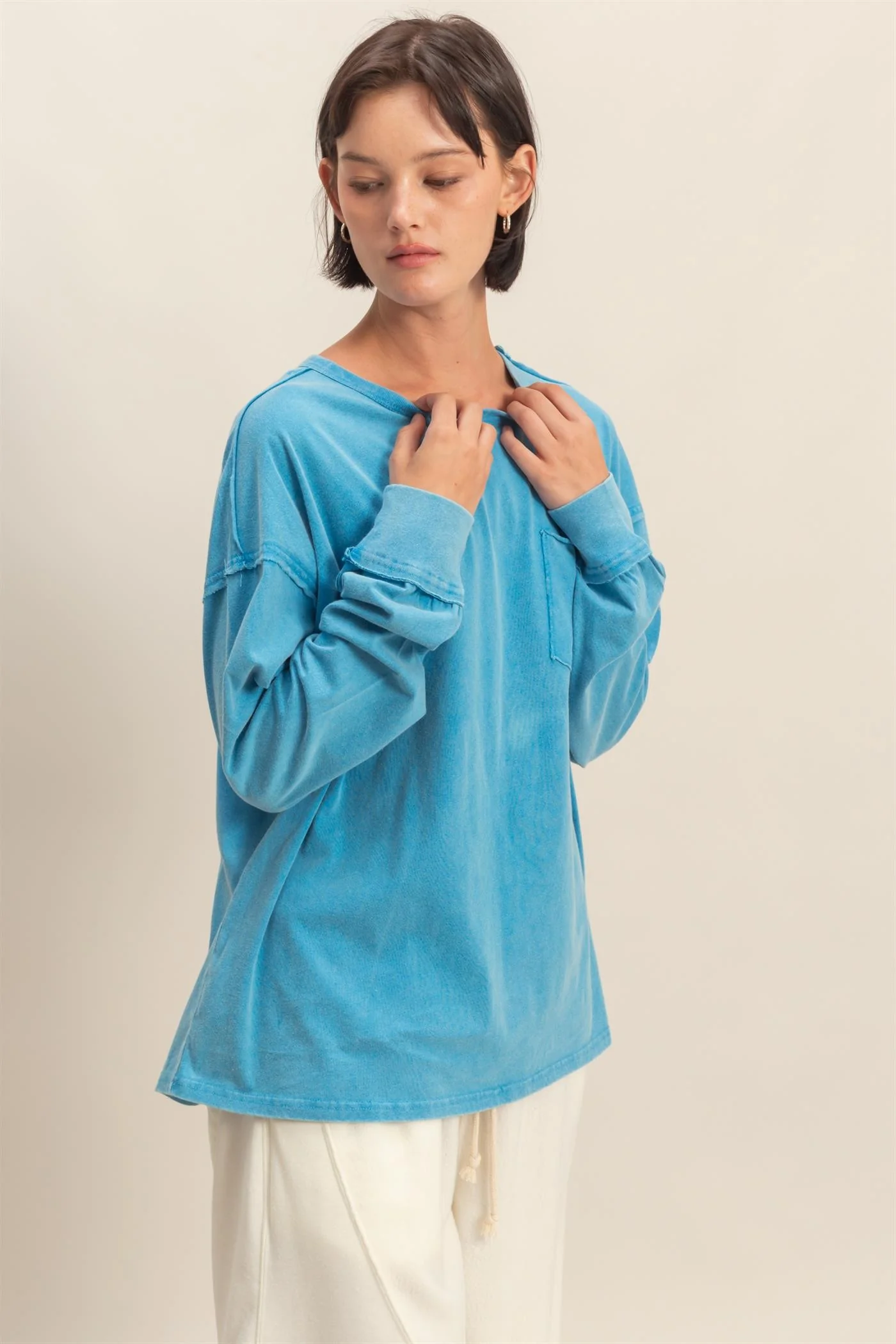 Aqua Oversized Washed Long Sleeve Pocket Top - Image 2