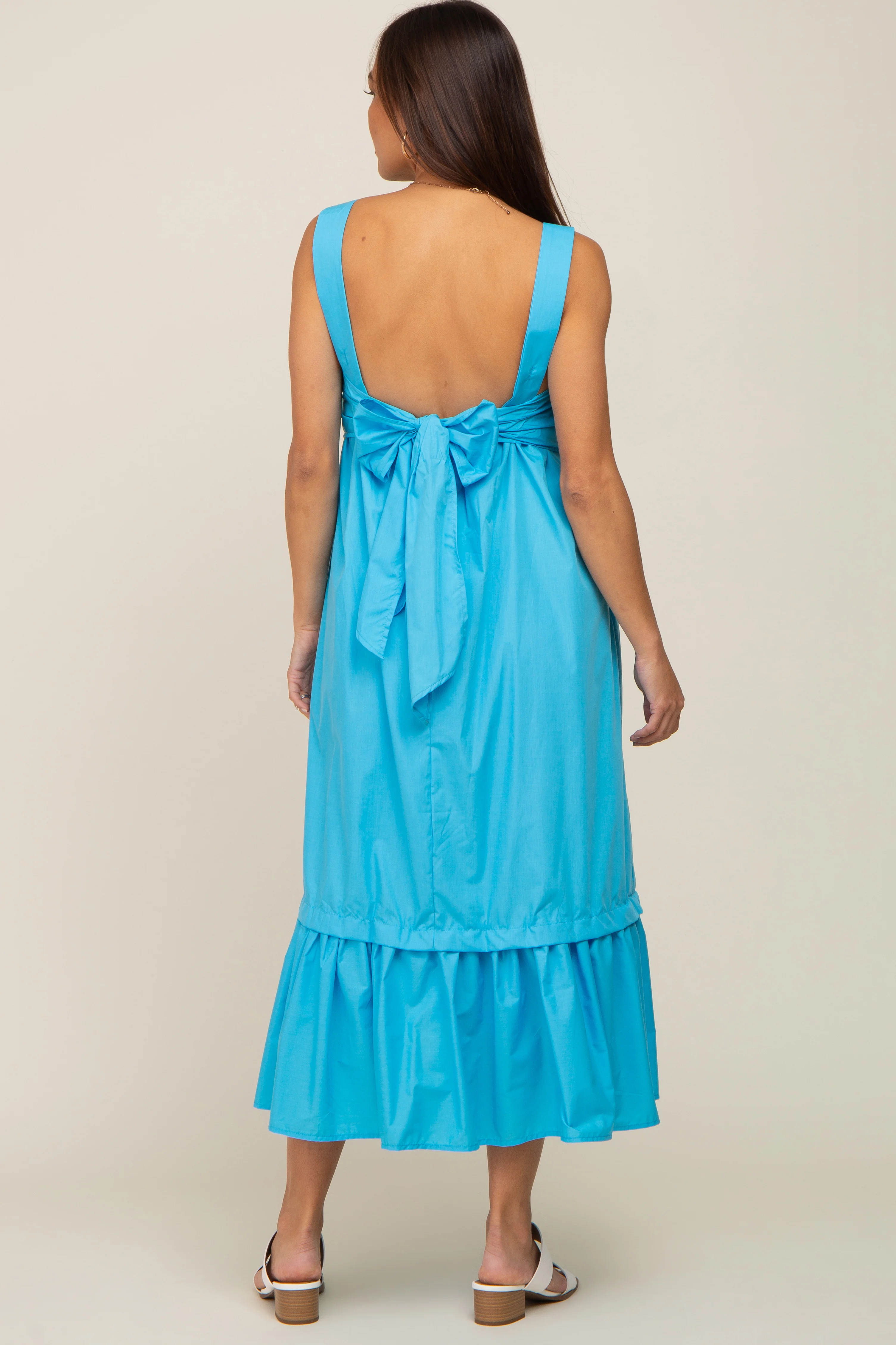 Aqua Pleated Back Tie Maternity Midi Dress - Image 3