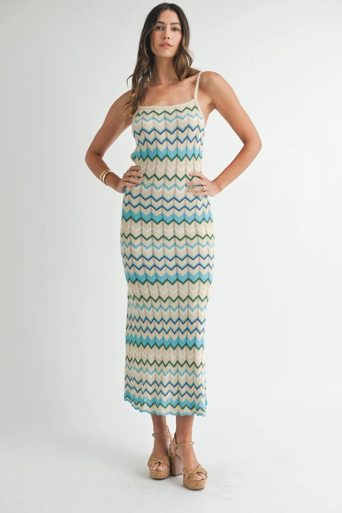 Aqua Pointelle Chevron Knit Open Back Maternity Midi Dress - Image 5