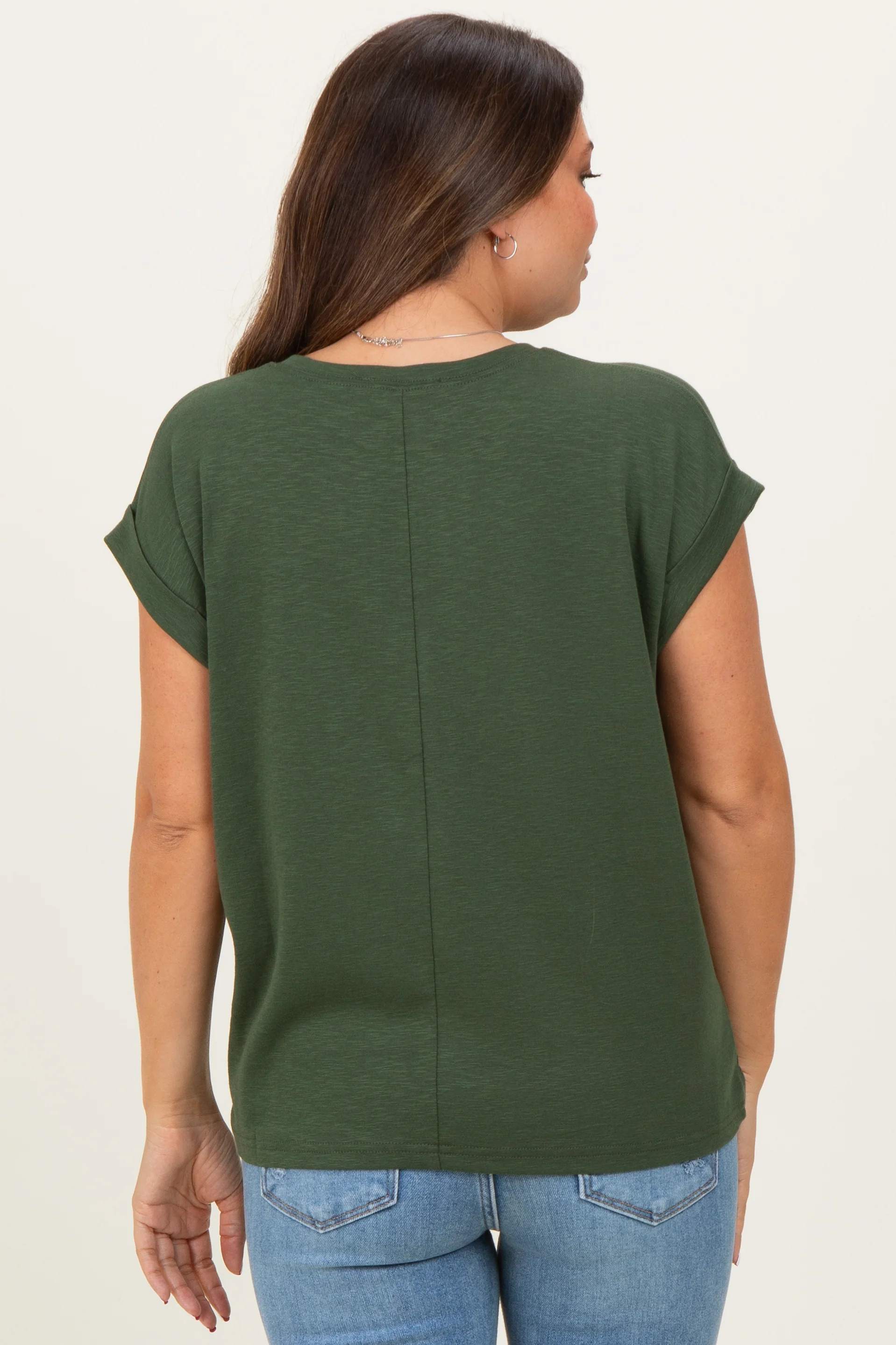 Army Green Rolled Short Sleeve Maternity Tee - Image 4