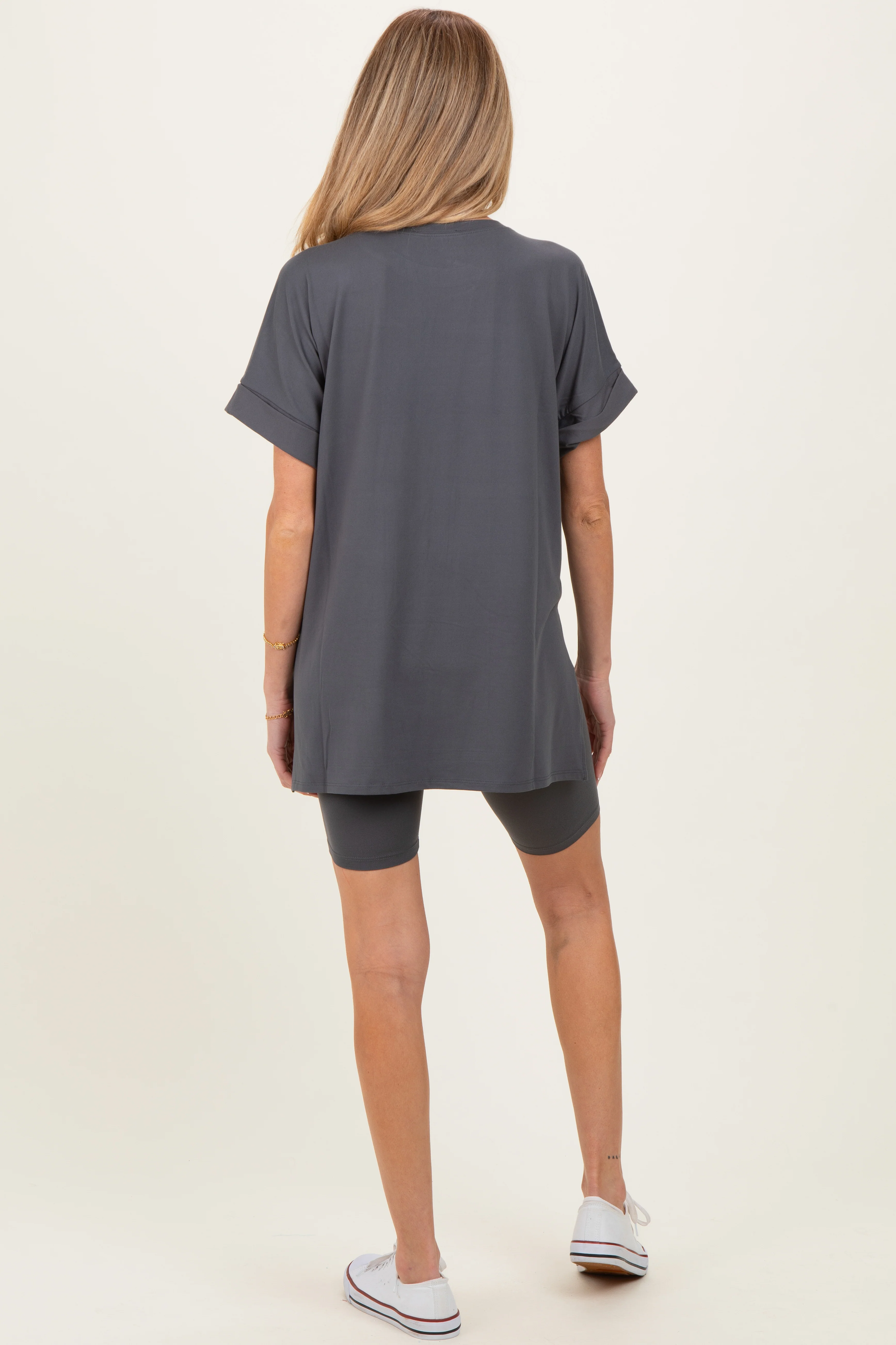 Ash Grey Hi-Low Short Sleeve Tee Biker Short Maternity Set - Image 4