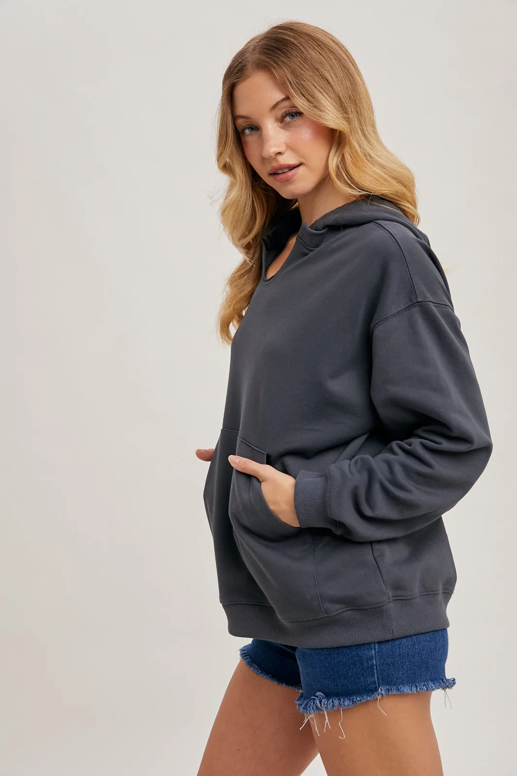 Ash Grey Split Neckline Hoodie - Image 3