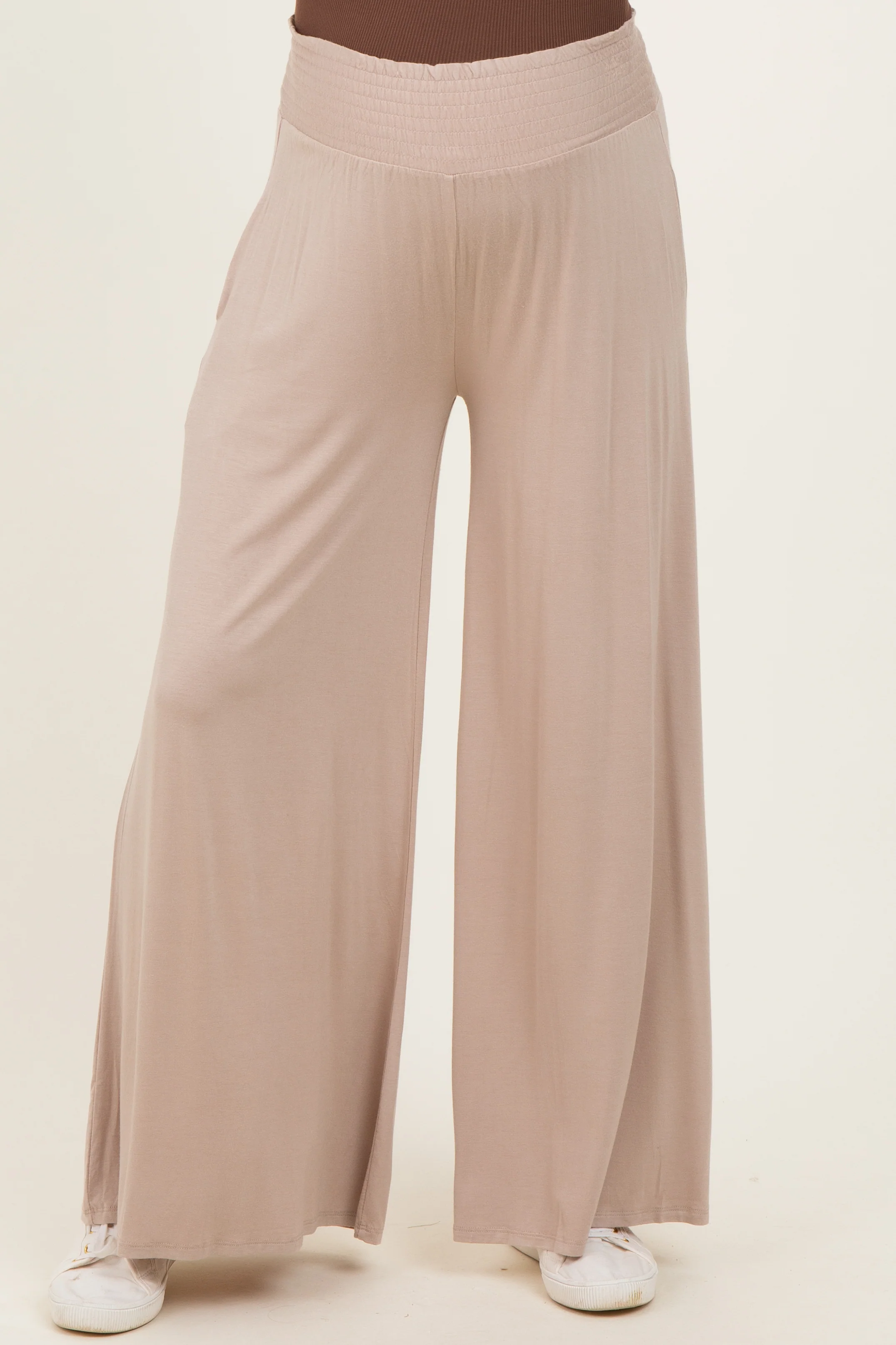 Ash Mocha Smocked Waist Wide Leg Maternity Pants - Image 3