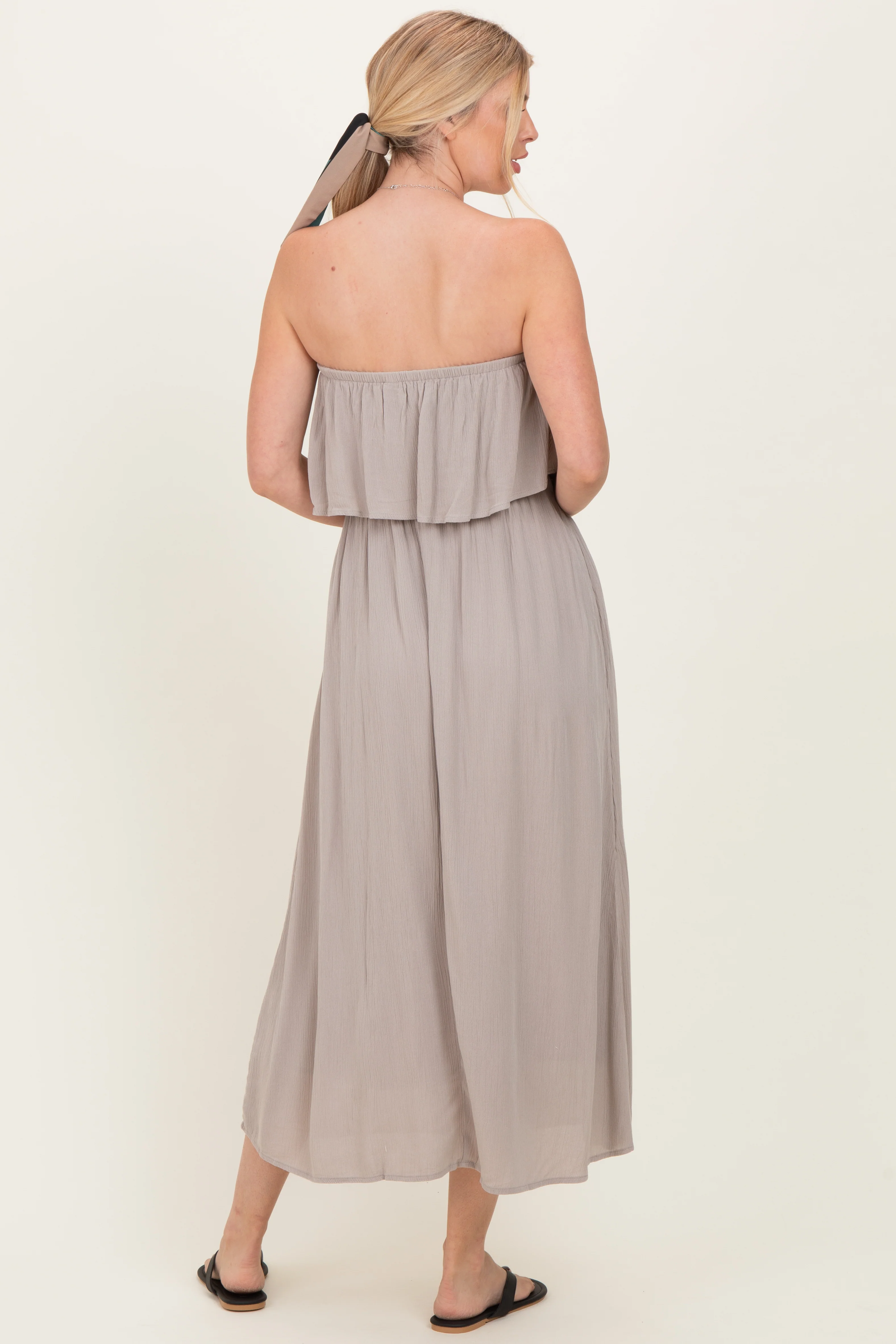 Ash Mocha Woven Crinkle Flounce Strapless Maxi Dress - Image 3