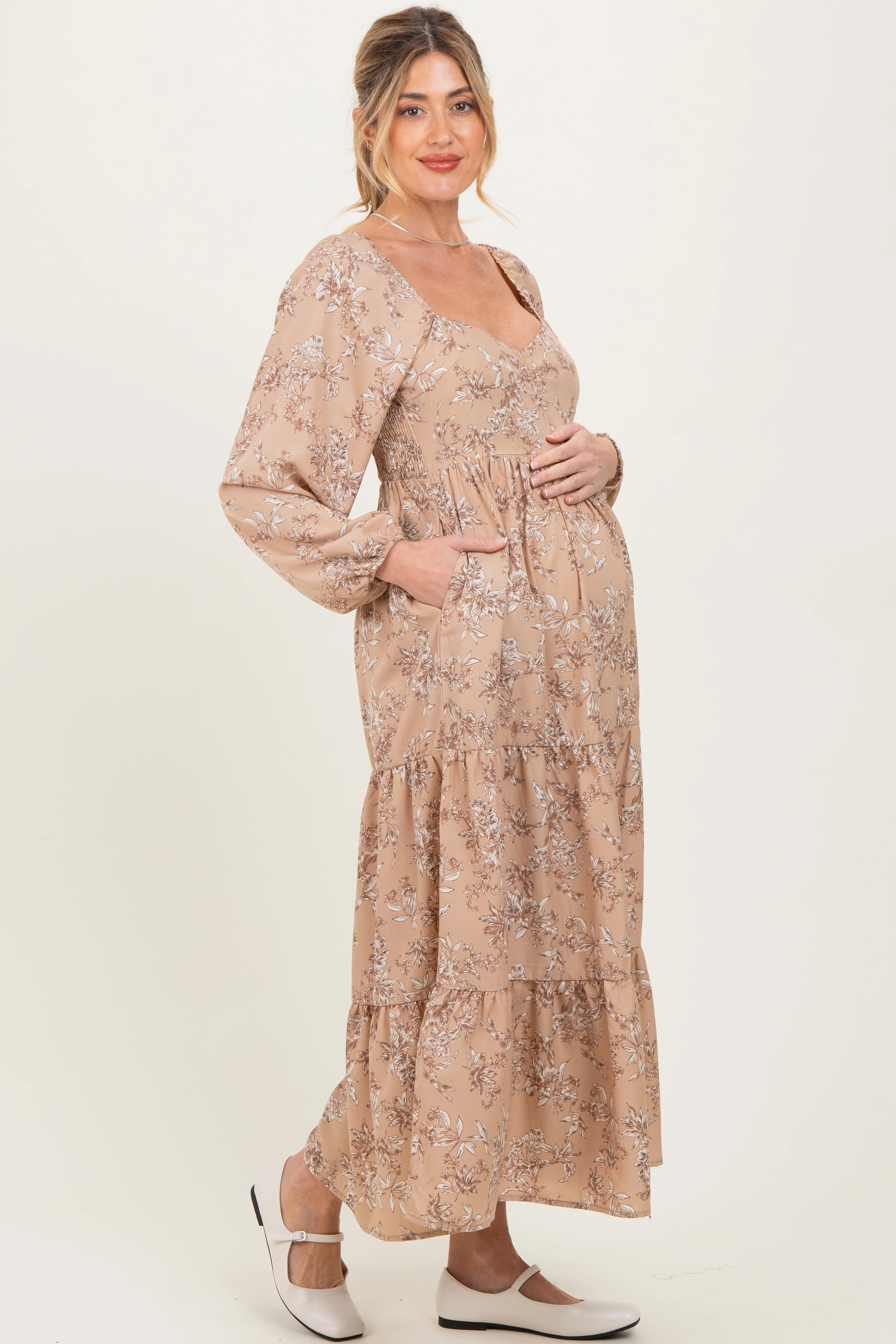 Beige Antique Floral Neck Maternity Maxi Dress - Image 3