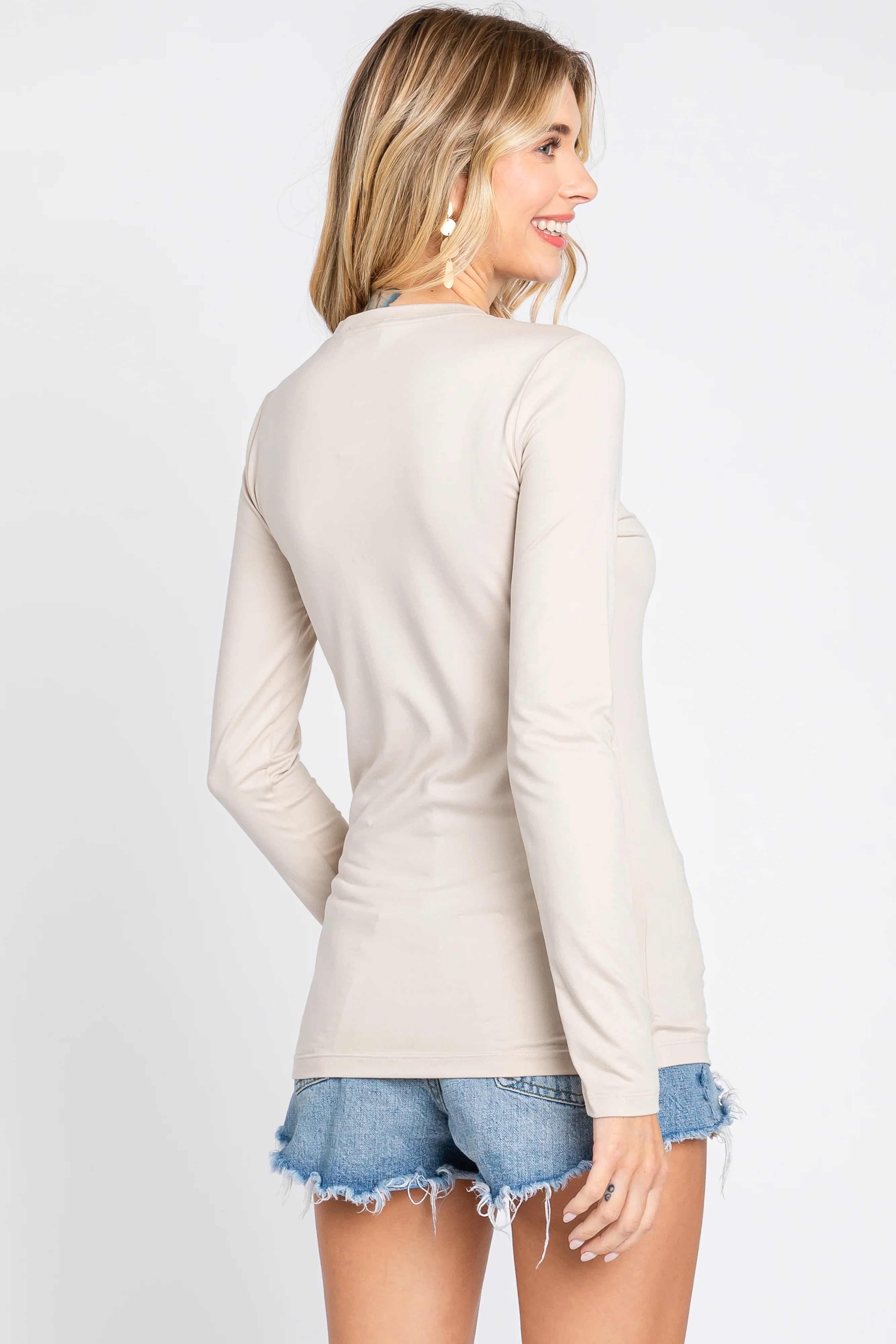 Beige Basic Long Sleeve Top - Image 3