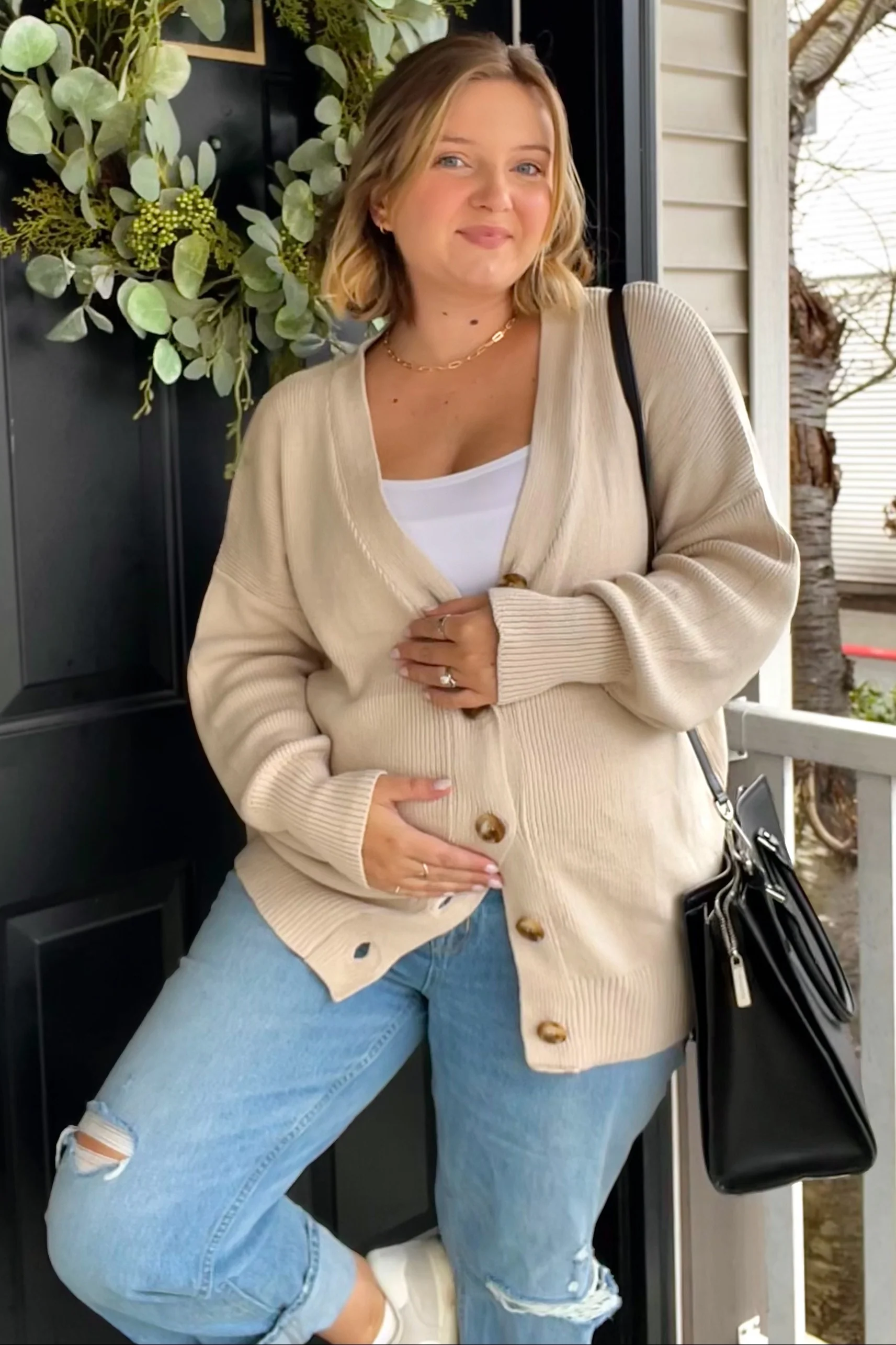 Beige Basic Ribbed Maternity Cardigan Sweater - Image 8