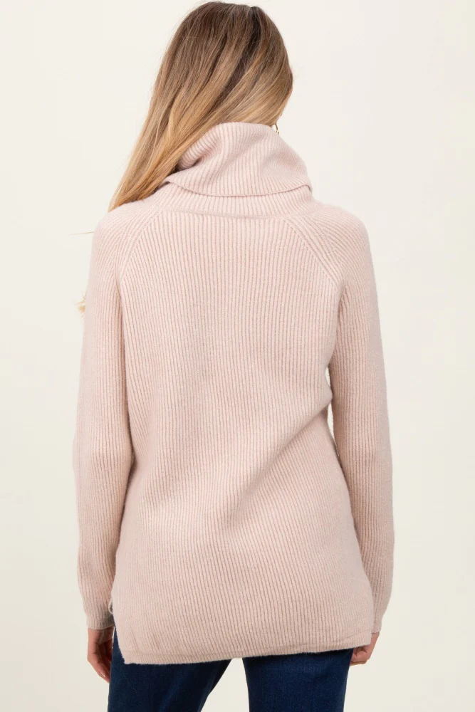 Beige Basic Ribbed Turtle Neck Maternity Sweater - Image 3