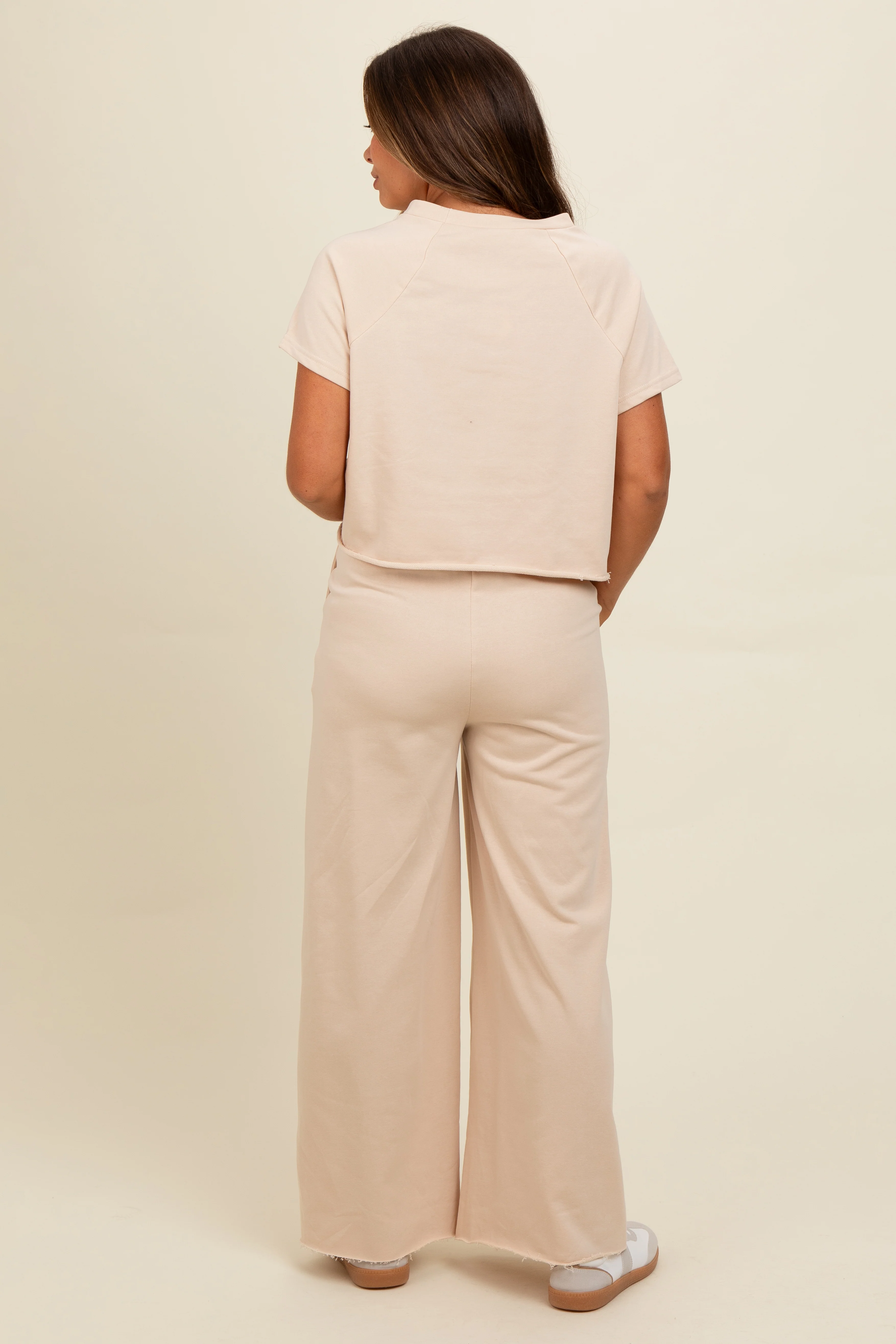 Beige Basic Tee And Wide Leg Pant Maternity Set - Image 3