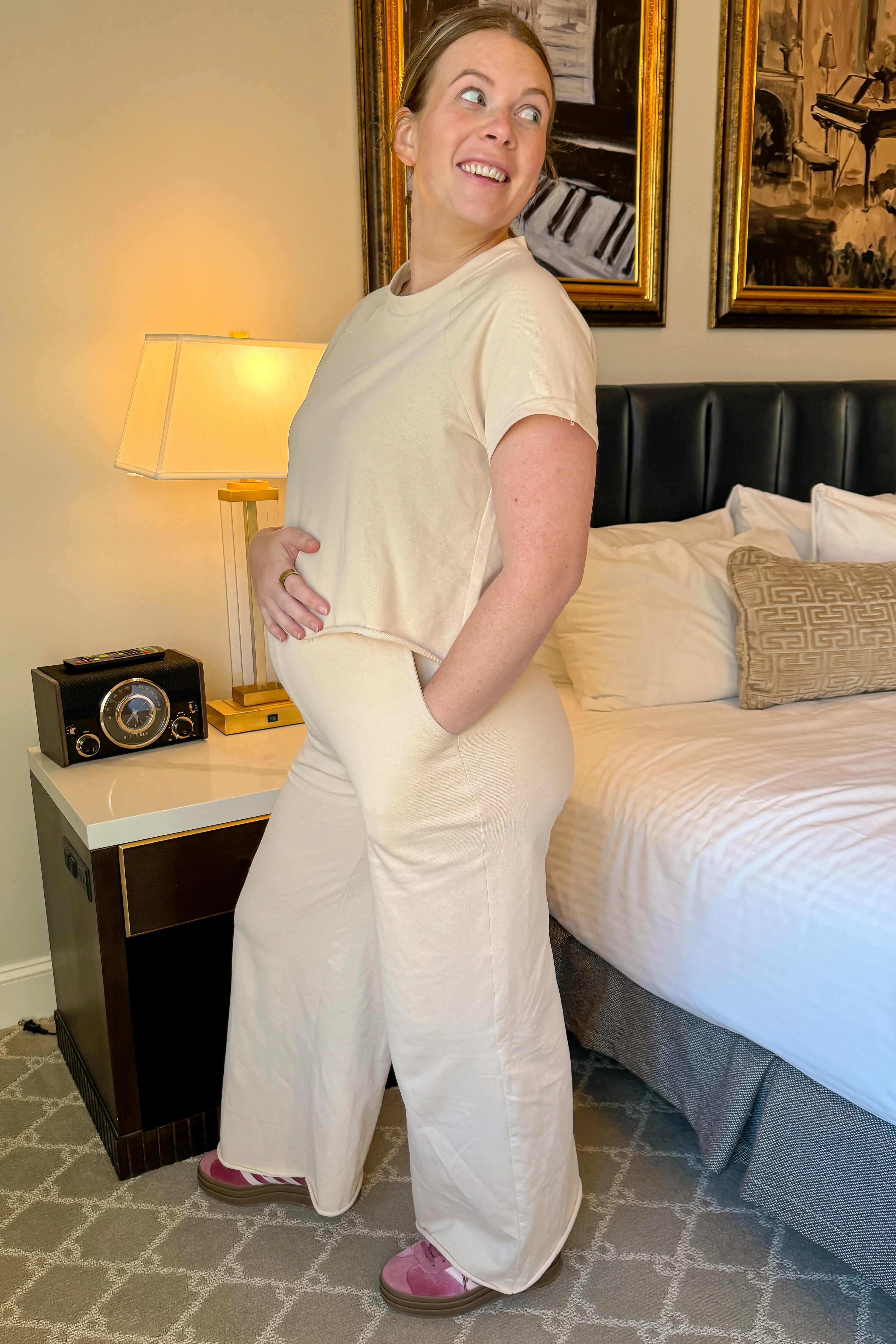 Beige Basic Tee And Wide Leg Pant Maternity Set - Image 4