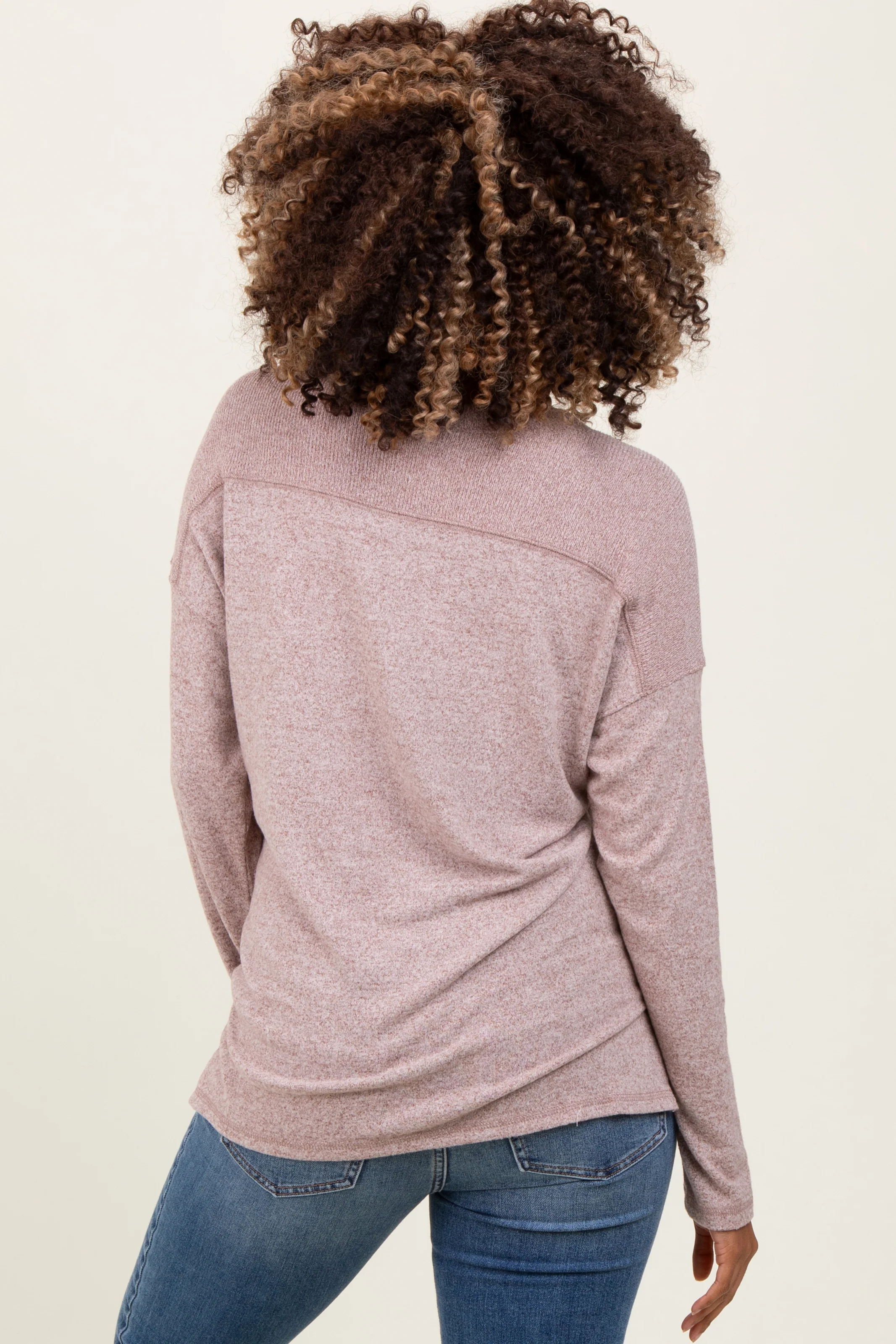 Beige Basic V-Neck Long Sleeve Brushed Knit Maternity Top - Image 3