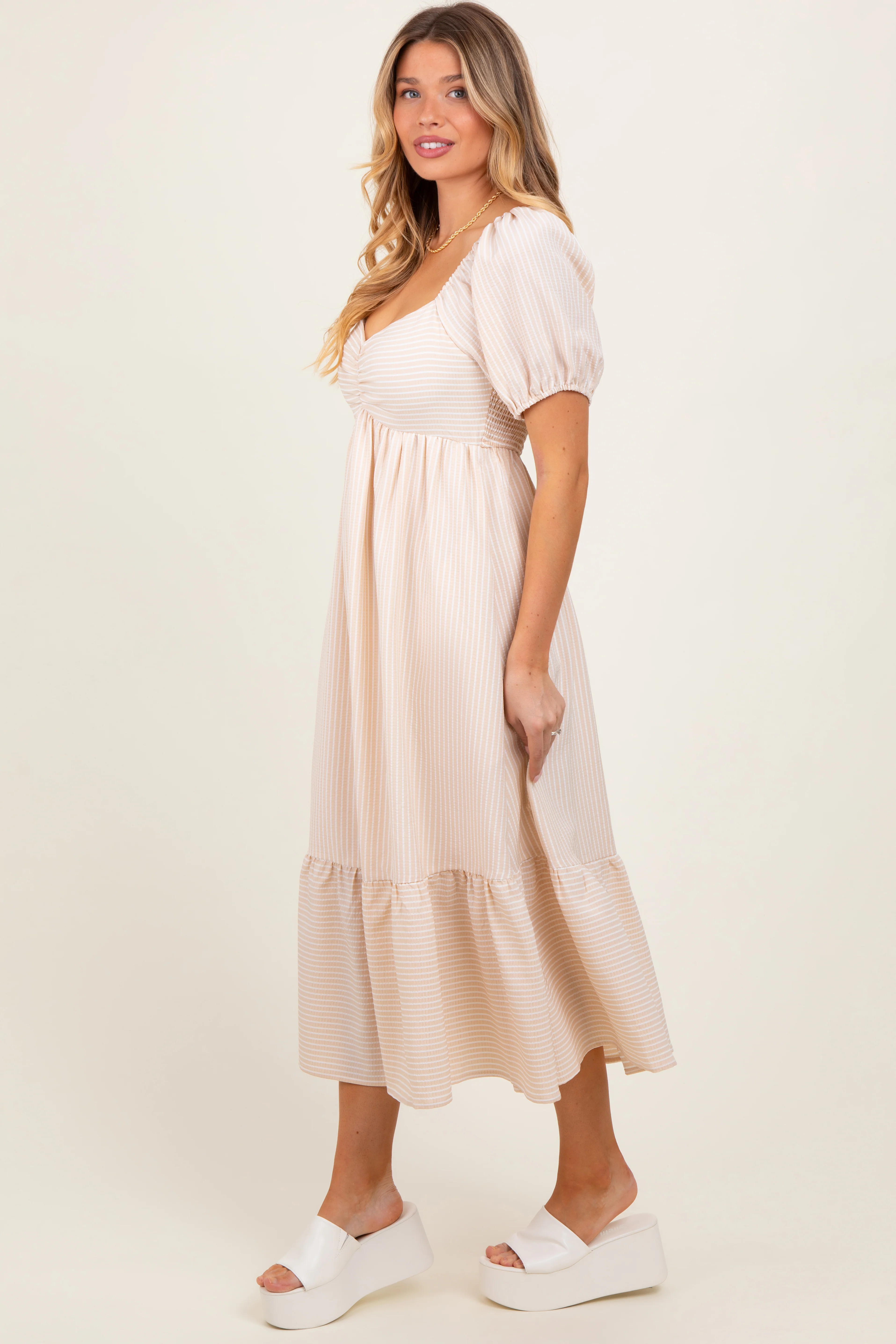 Beige Blue Sweetheart Stripe Smocked Back Midi Dress - Image 3