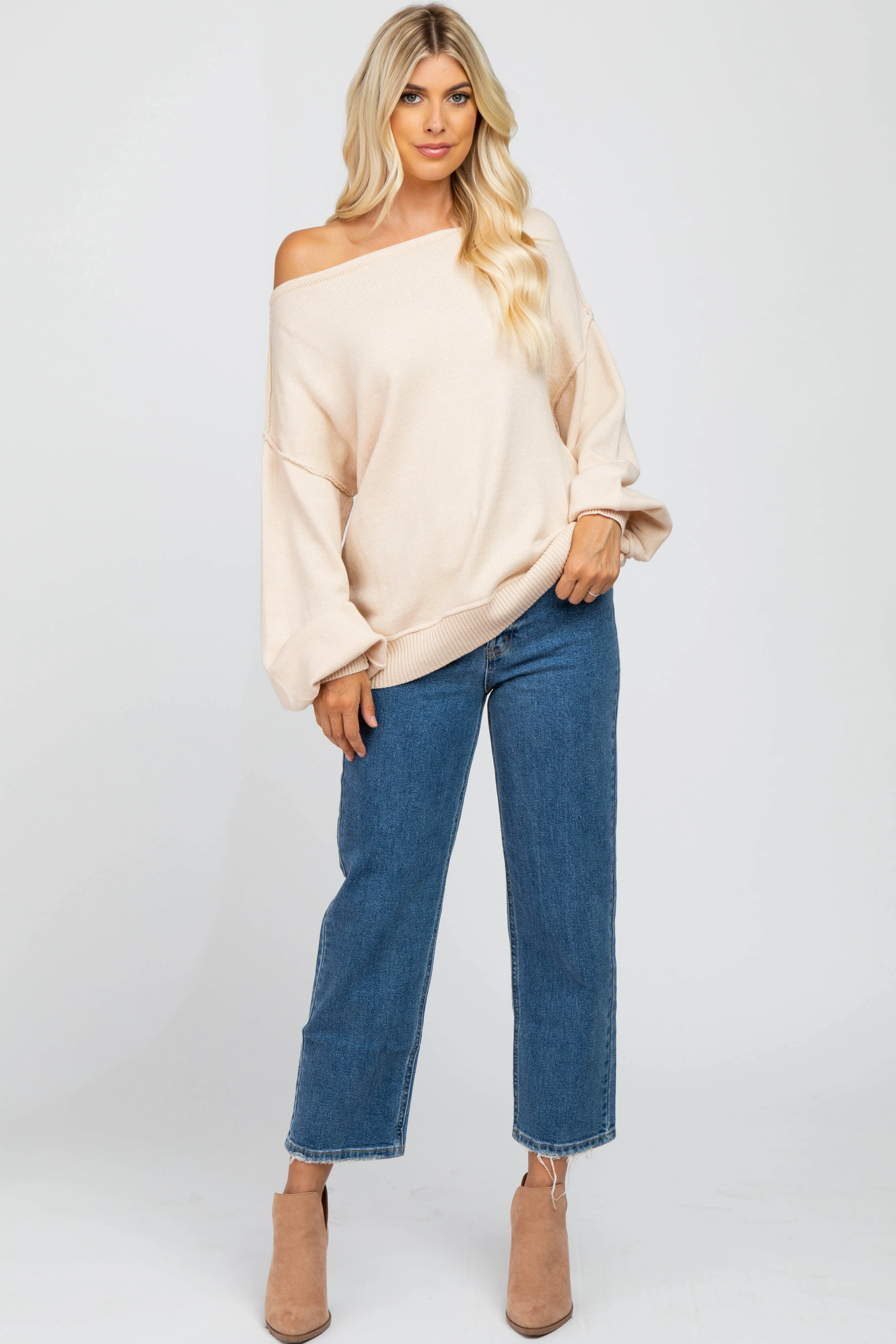 Beige Boat Neck Bubble Sleeve Sweater - Image 4