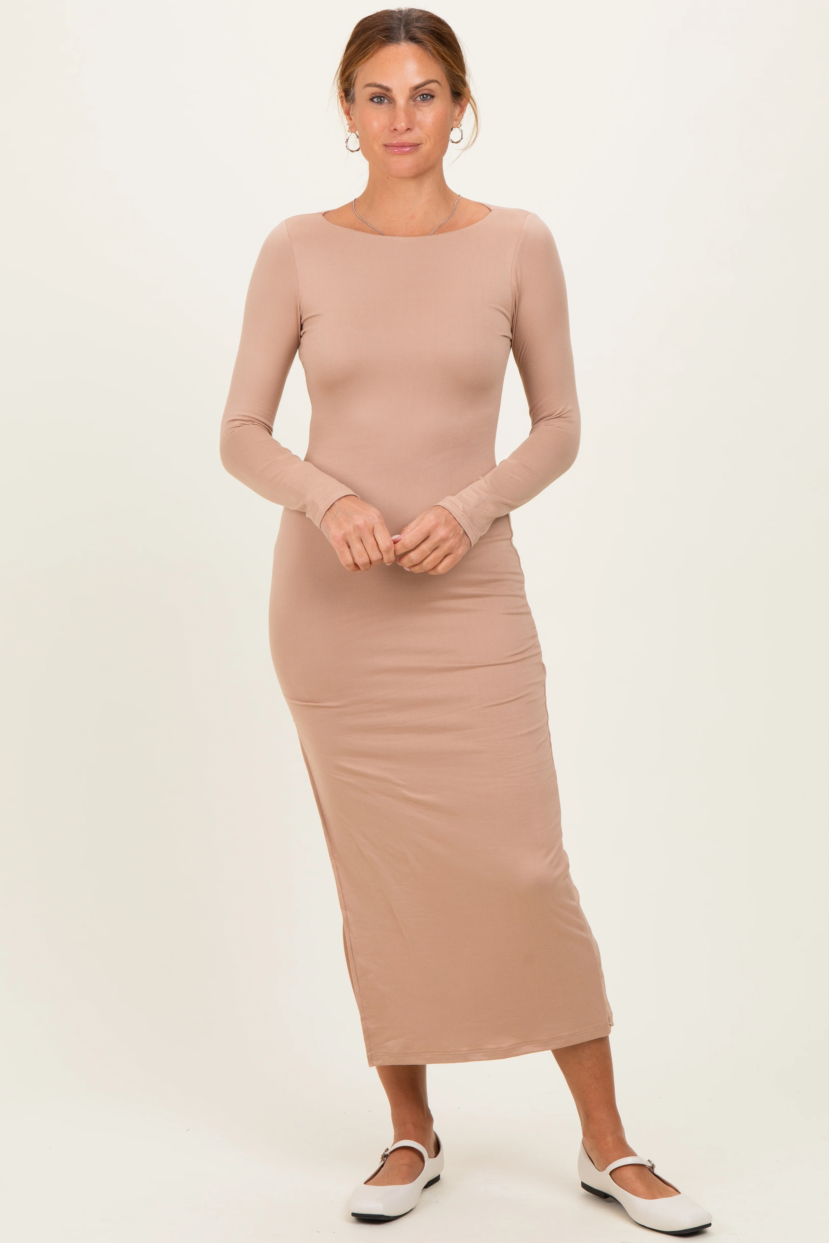 Beige Boat Neck Fitted Long Sleeve Side Slit Maternity Maxi - Image 5