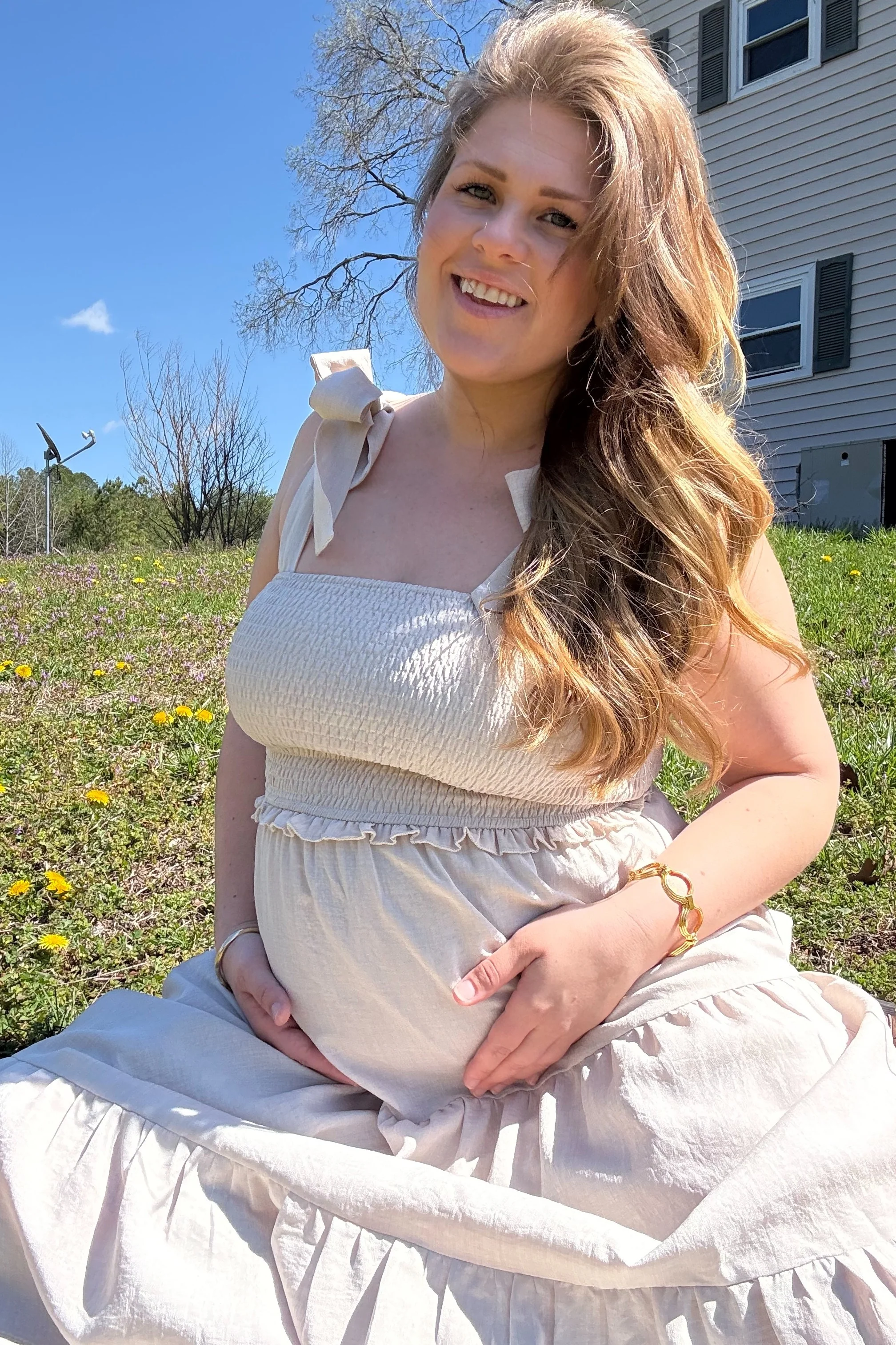 Beige Bow Strap Tiered Maternity Midi Dress - Image 11