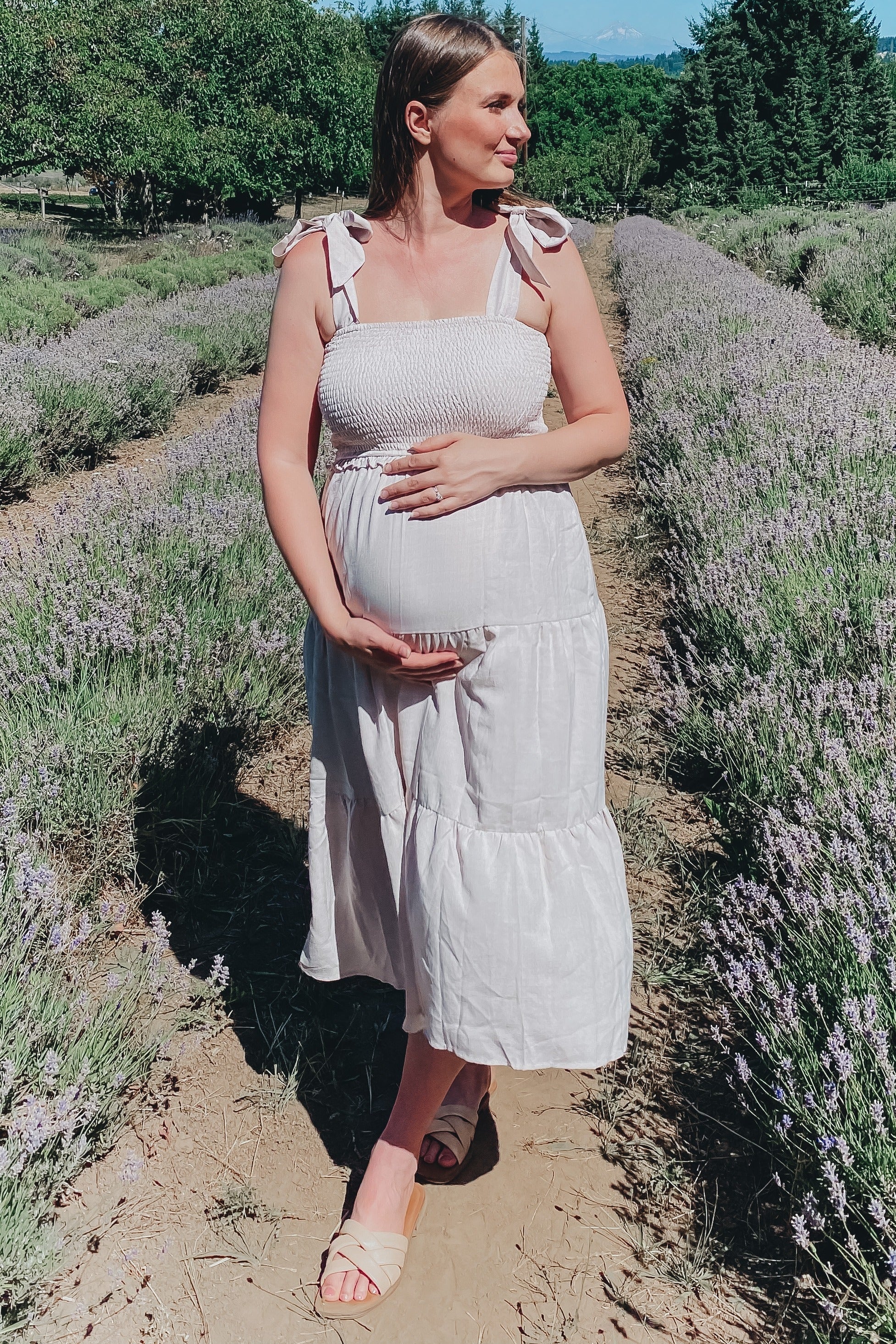 Beige Bow Strap Tiered Maternity Midi Dress - Image 7
