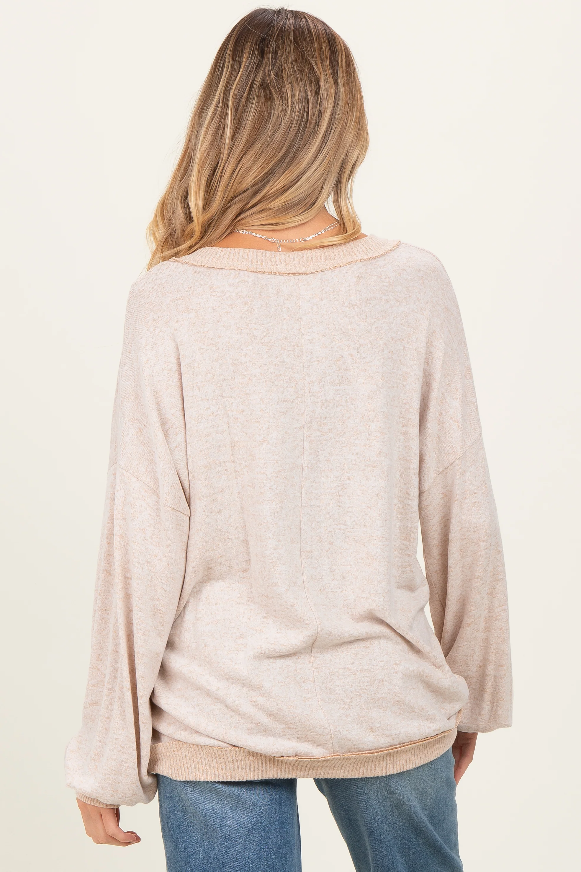 Beige Brushed Long Sleeve Ribbed V-Neck Maternity Top - Image 5