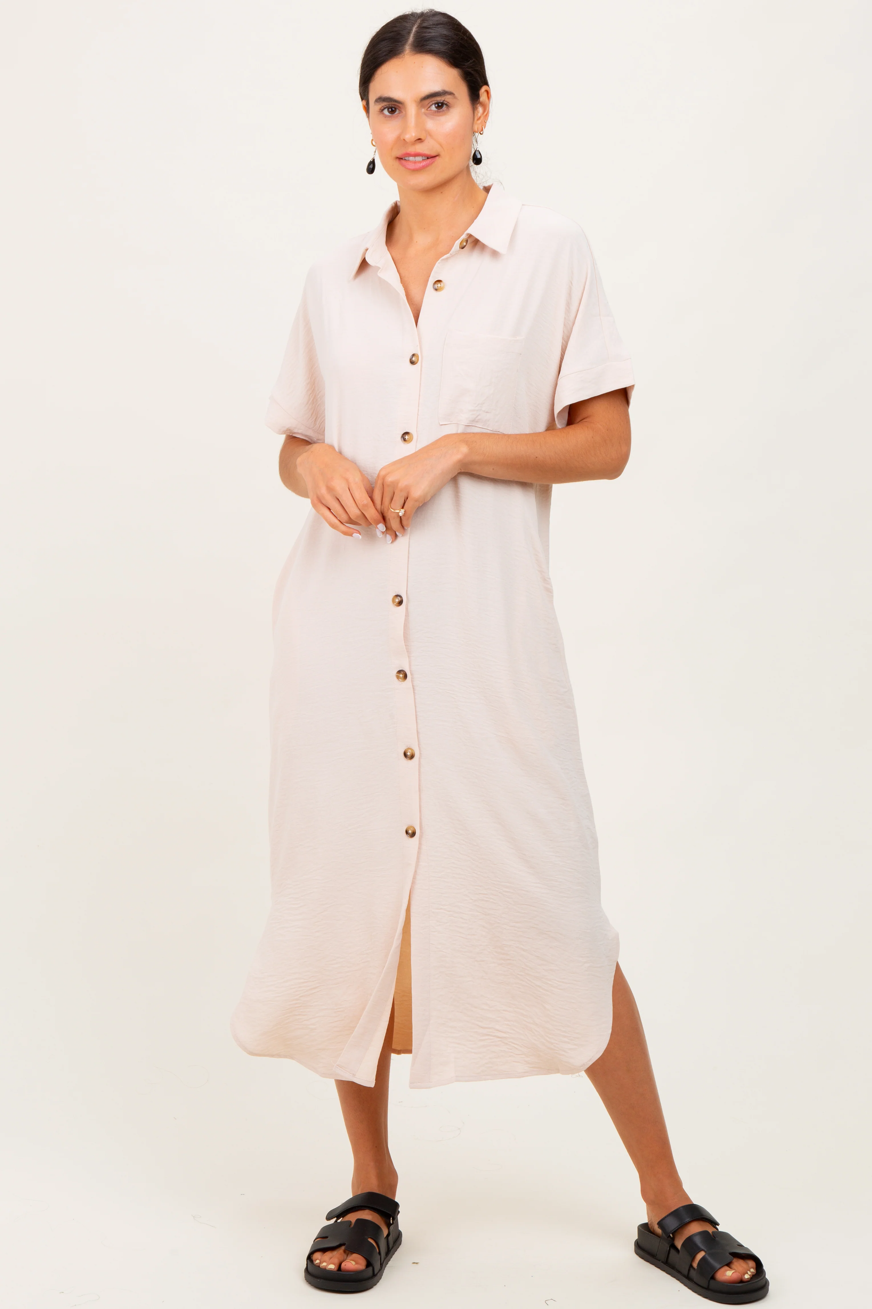 Beige Button Down Front Pocket Maternity Midi Dress - Image 5