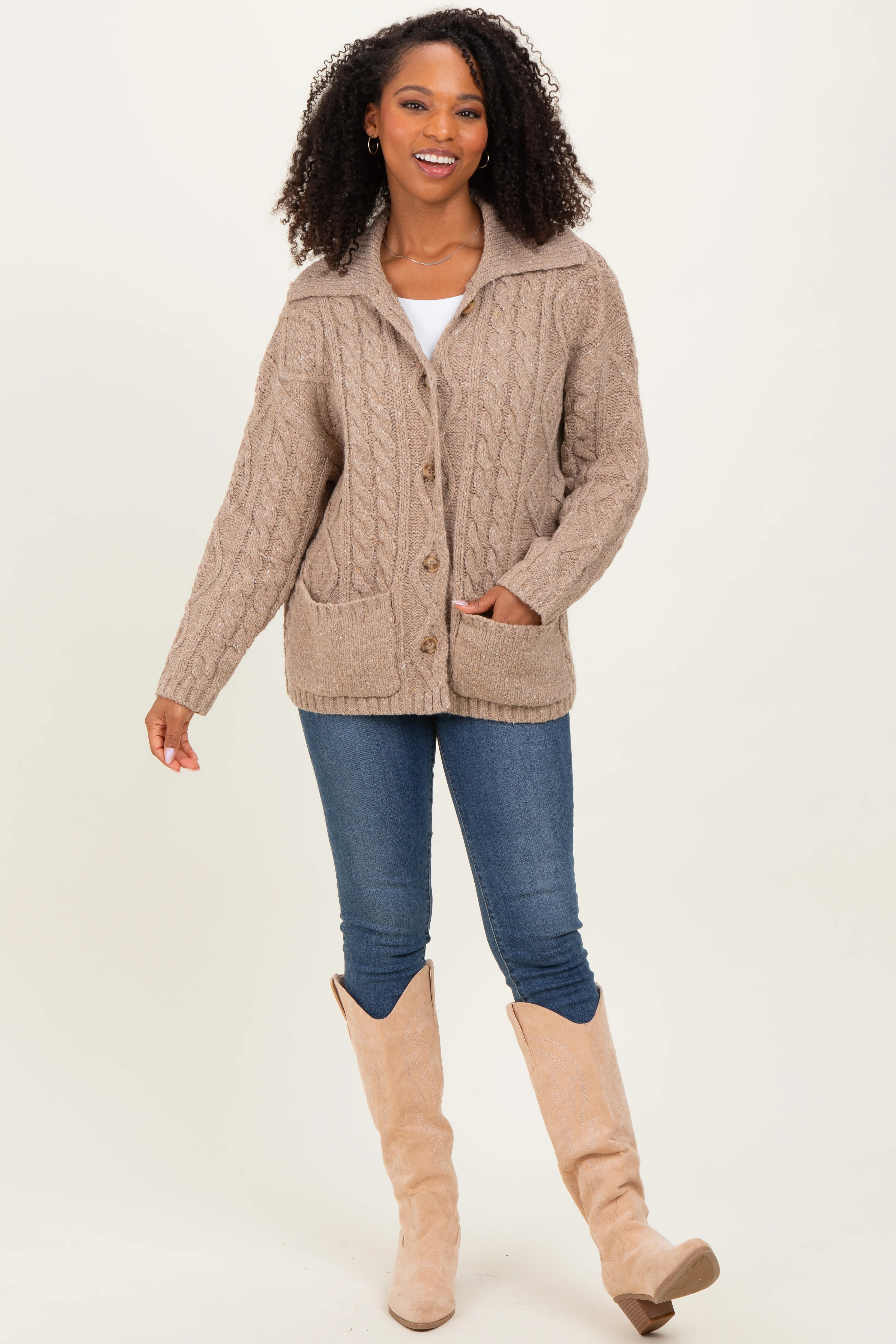 Beige Cable Knit Collared Maternity Button Up Cardigan - Image 5