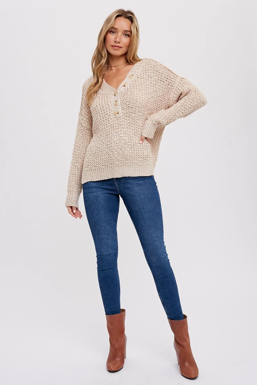 Beige Chunky Knit Button V-Neck Maternity Sweater - Image 7