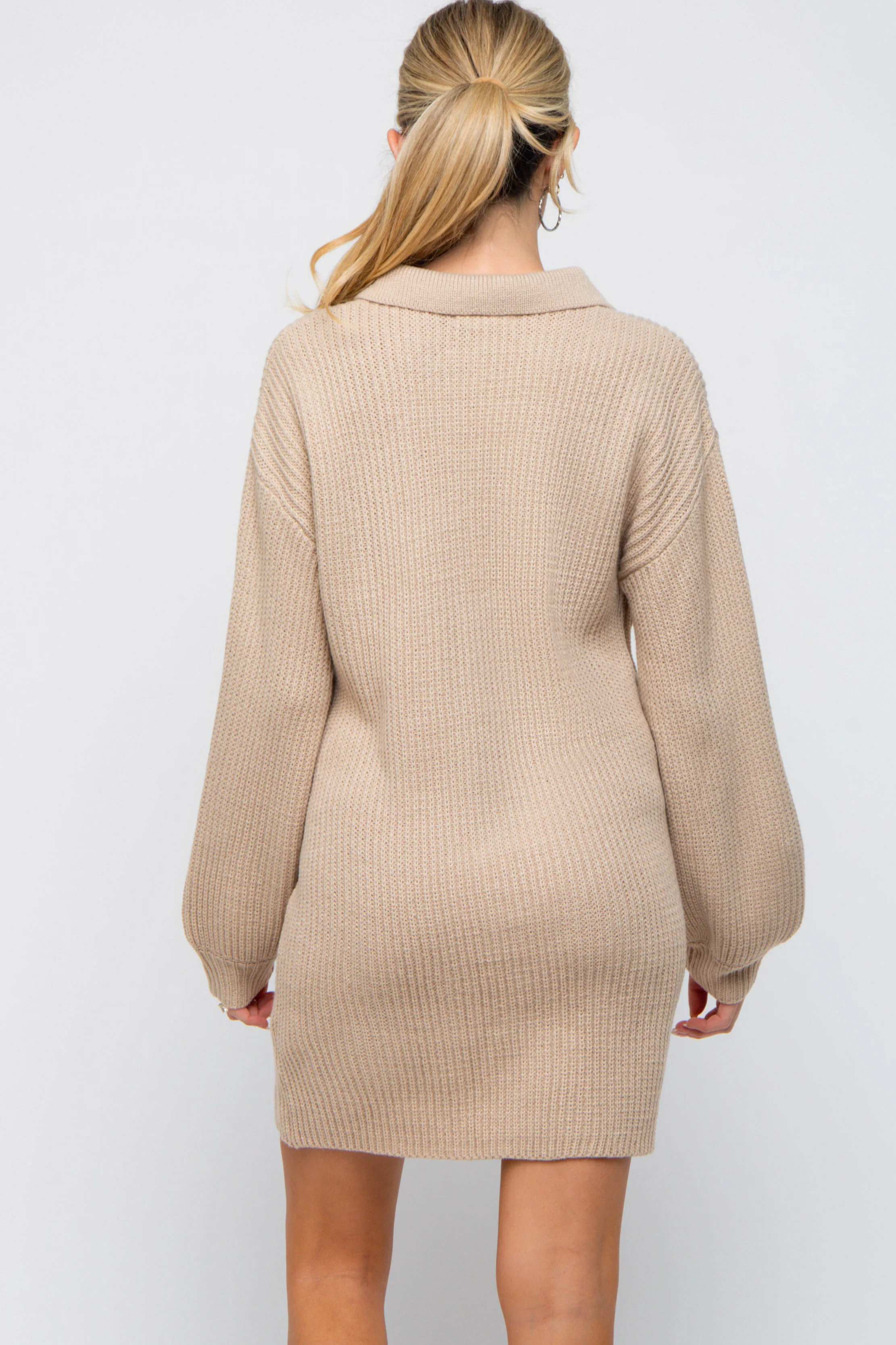 Beige Collared Button Front Maternity Sweater Dress - Image 3