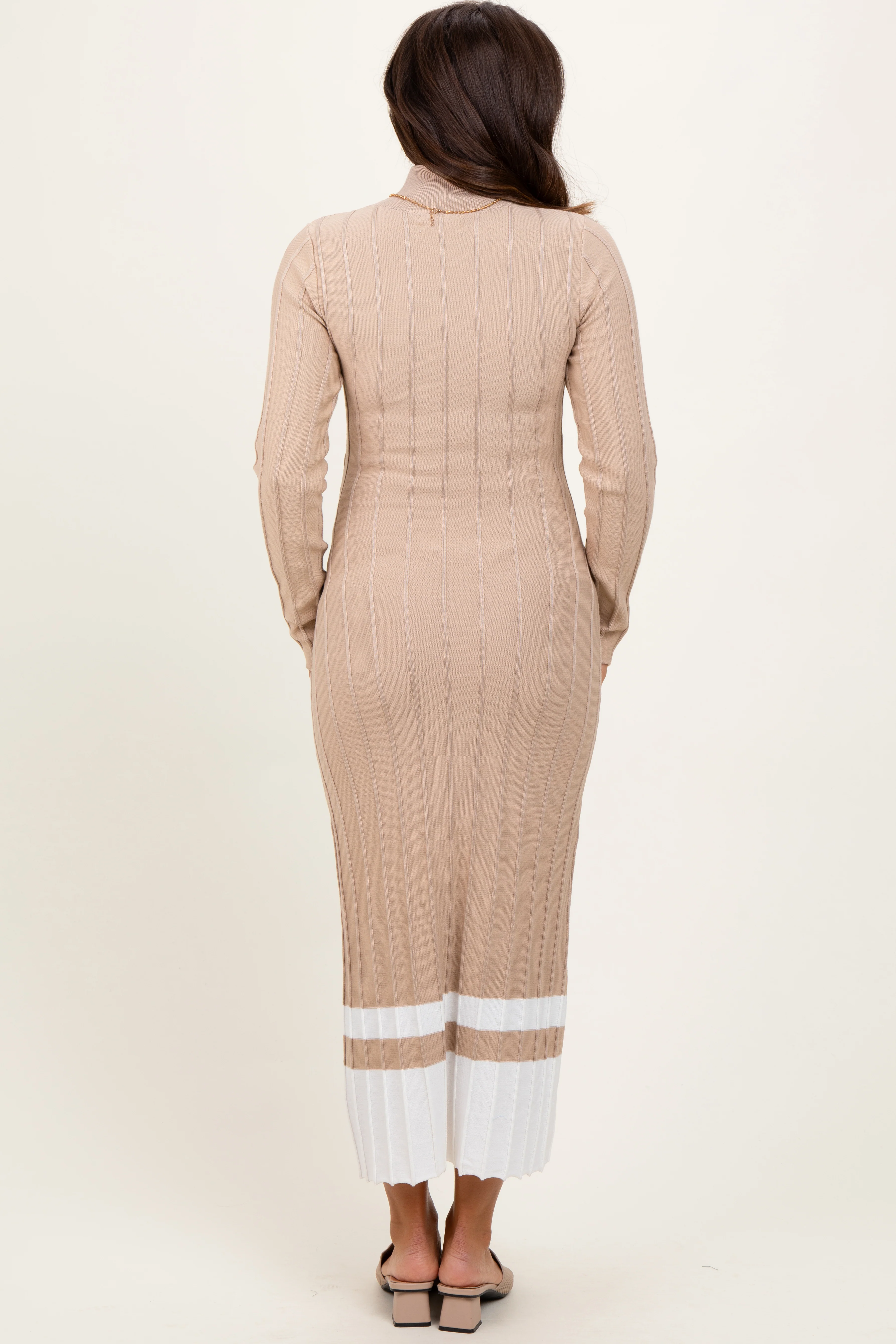 Beige Colorblock Hem Mock Neck Maternity Sweater Dress - Image 4