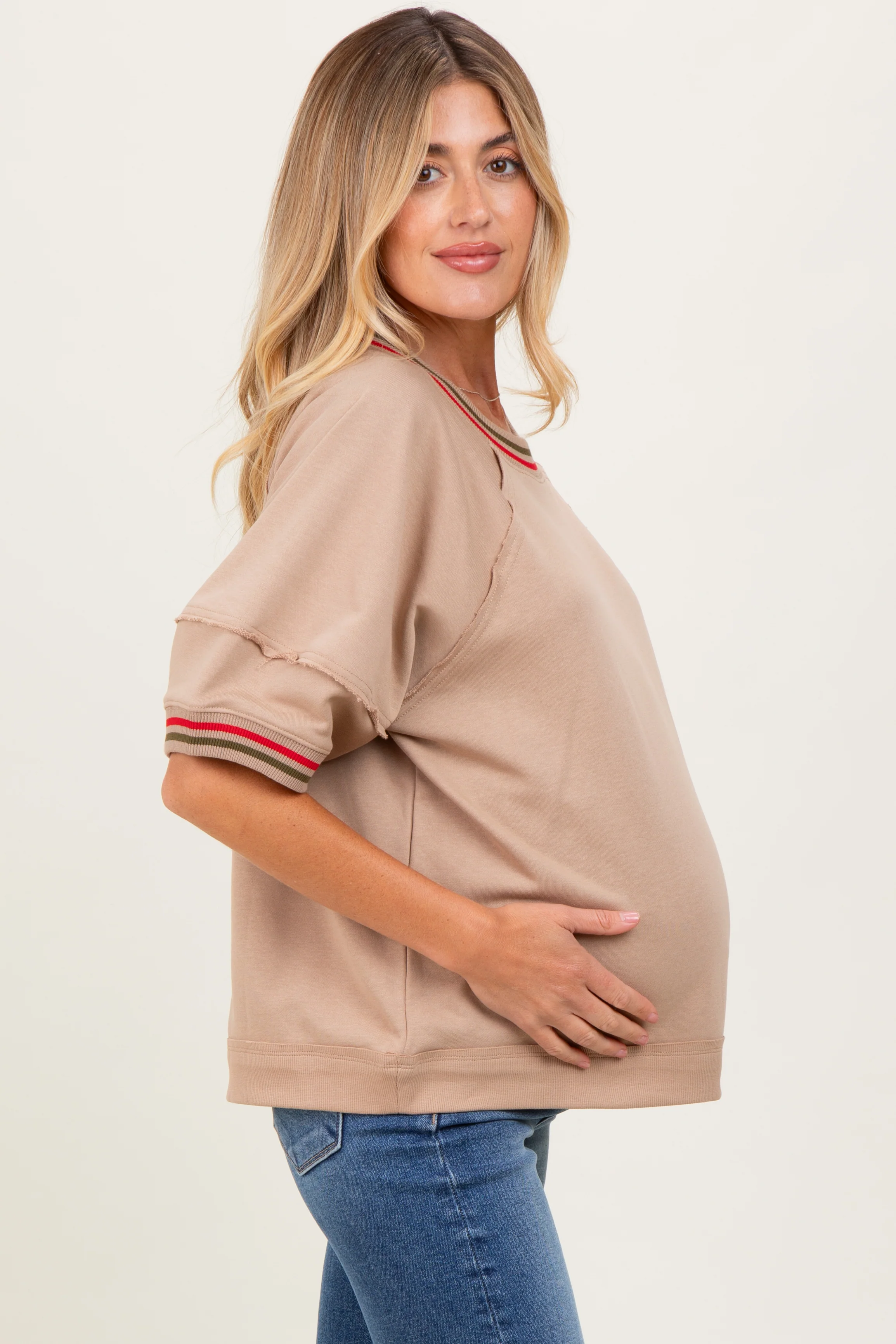 Beige Contrast Trim Short Sleeve Maternity Pullover - Image 4