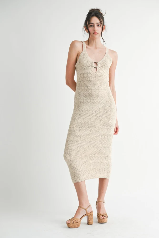Beige Crochet Knit Cut Out O-Ring Maternity Midi Dress - Image 6