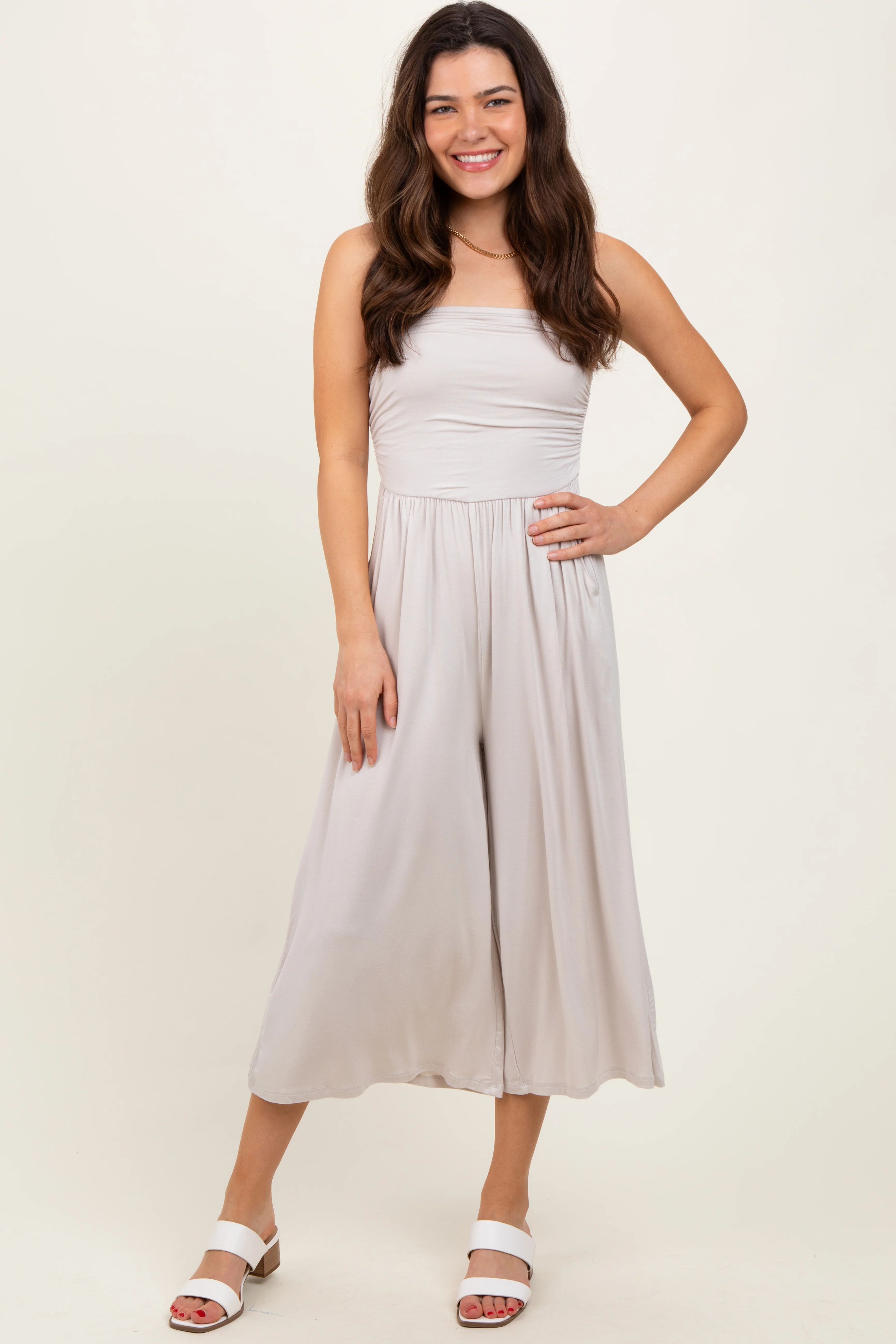 Beige Double Layered Strapless Tube Top Maternity Jumpsuit - Image 6