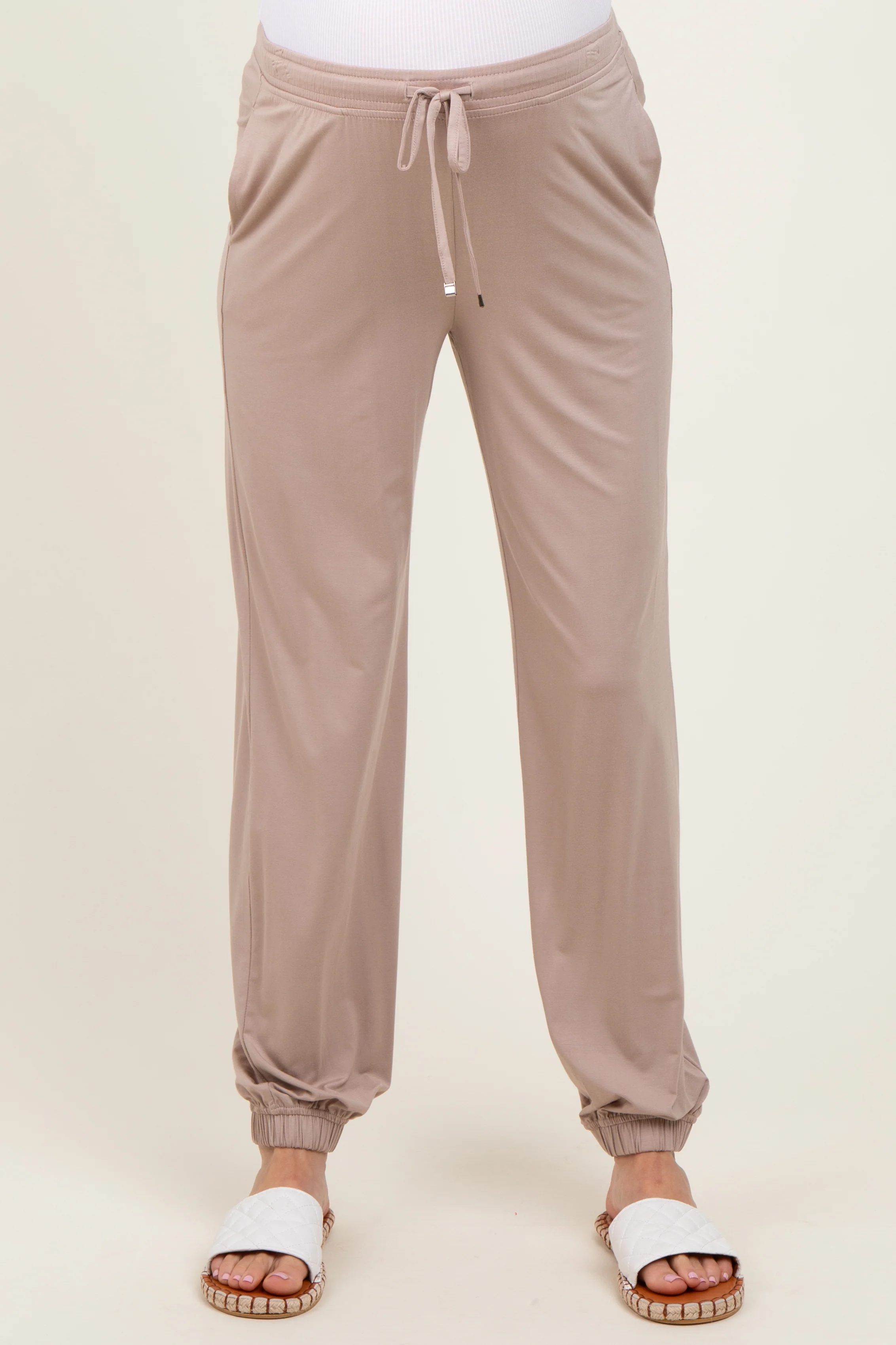 Beige Drawstring Maternity Jogger Pants - Image 3