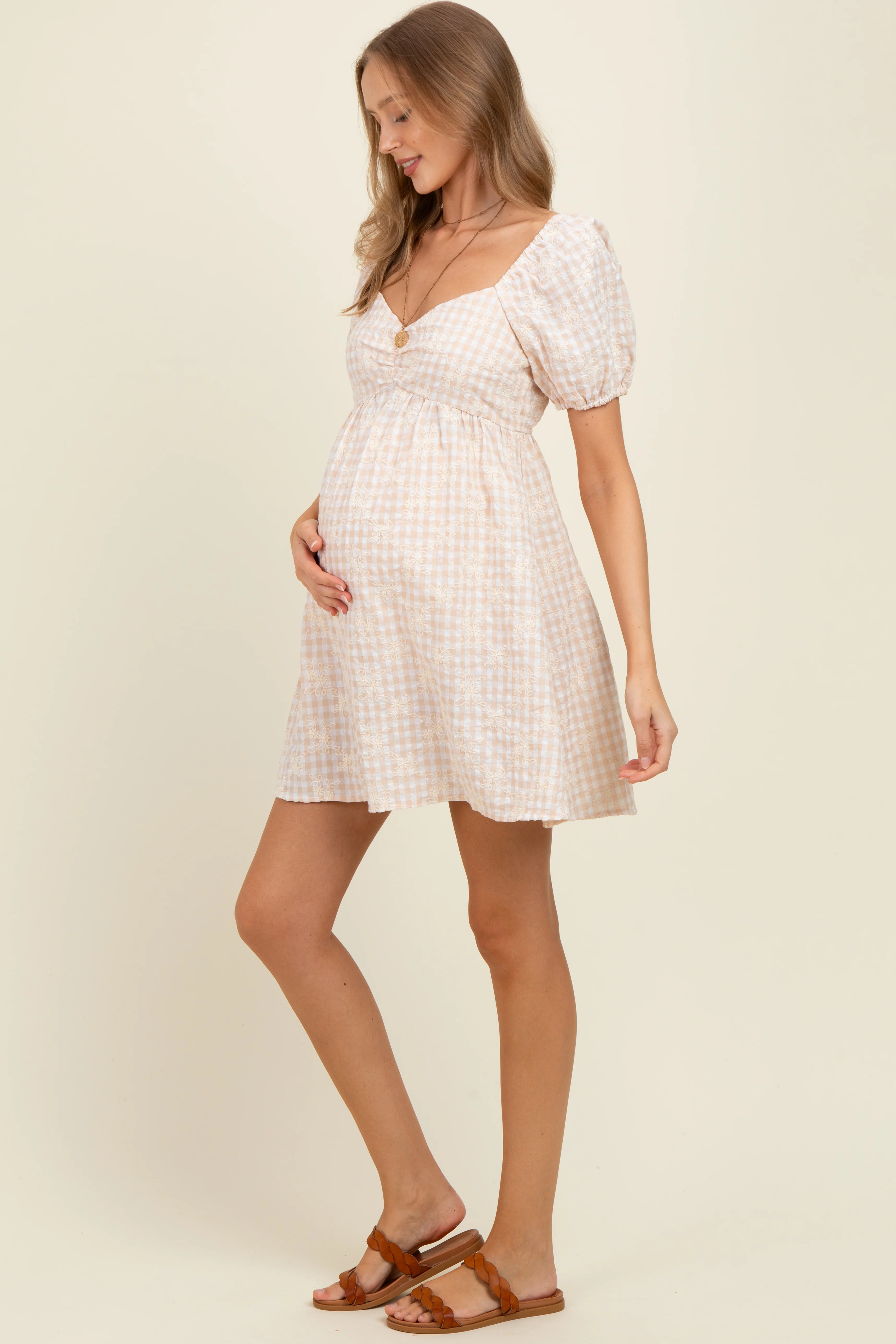 Beige Embroidered Gingham Sweetheart Neck Maternity Mini Dress - Image 3