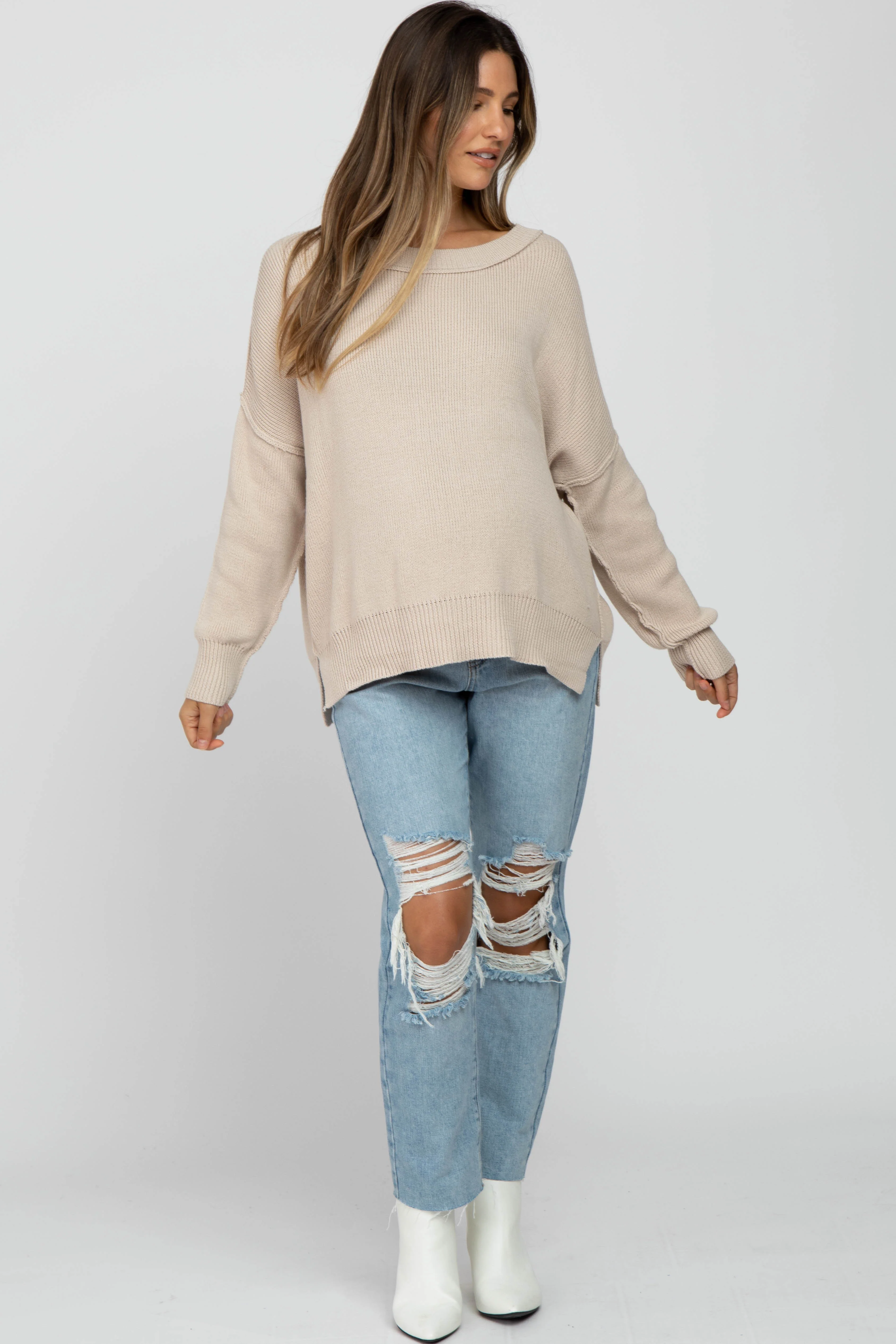 Beige Exposed Seam Side Slit Maternity Sweater - Image 4