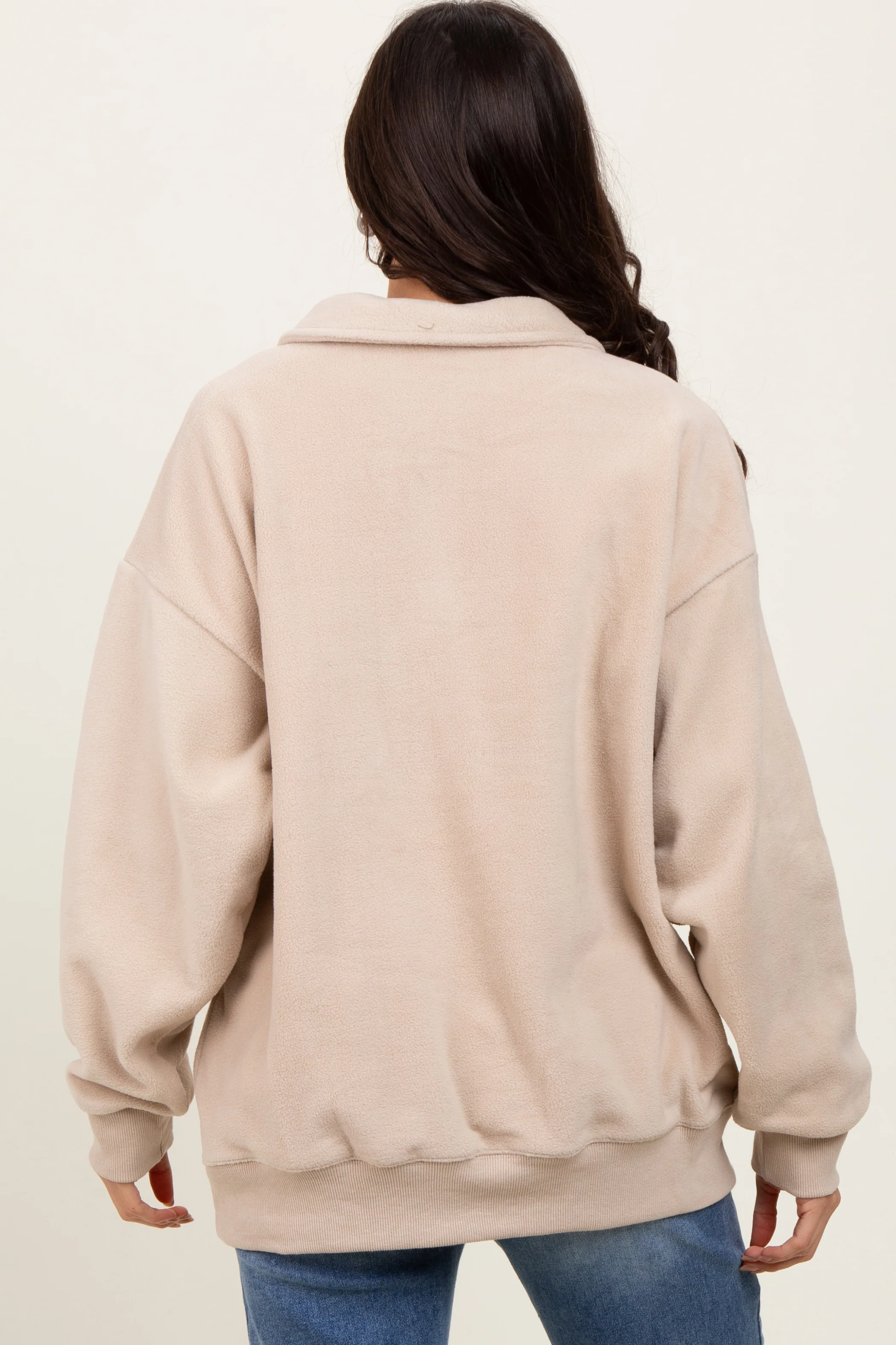 Beige Fleece Collared Button Up Pullover - Image 4