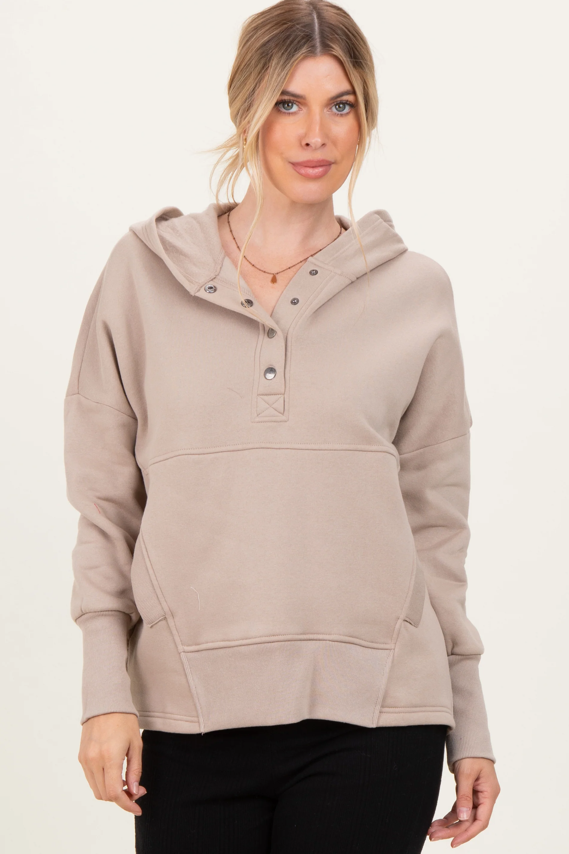 Beige Fleece Snap Button Hoodie - Image 2
