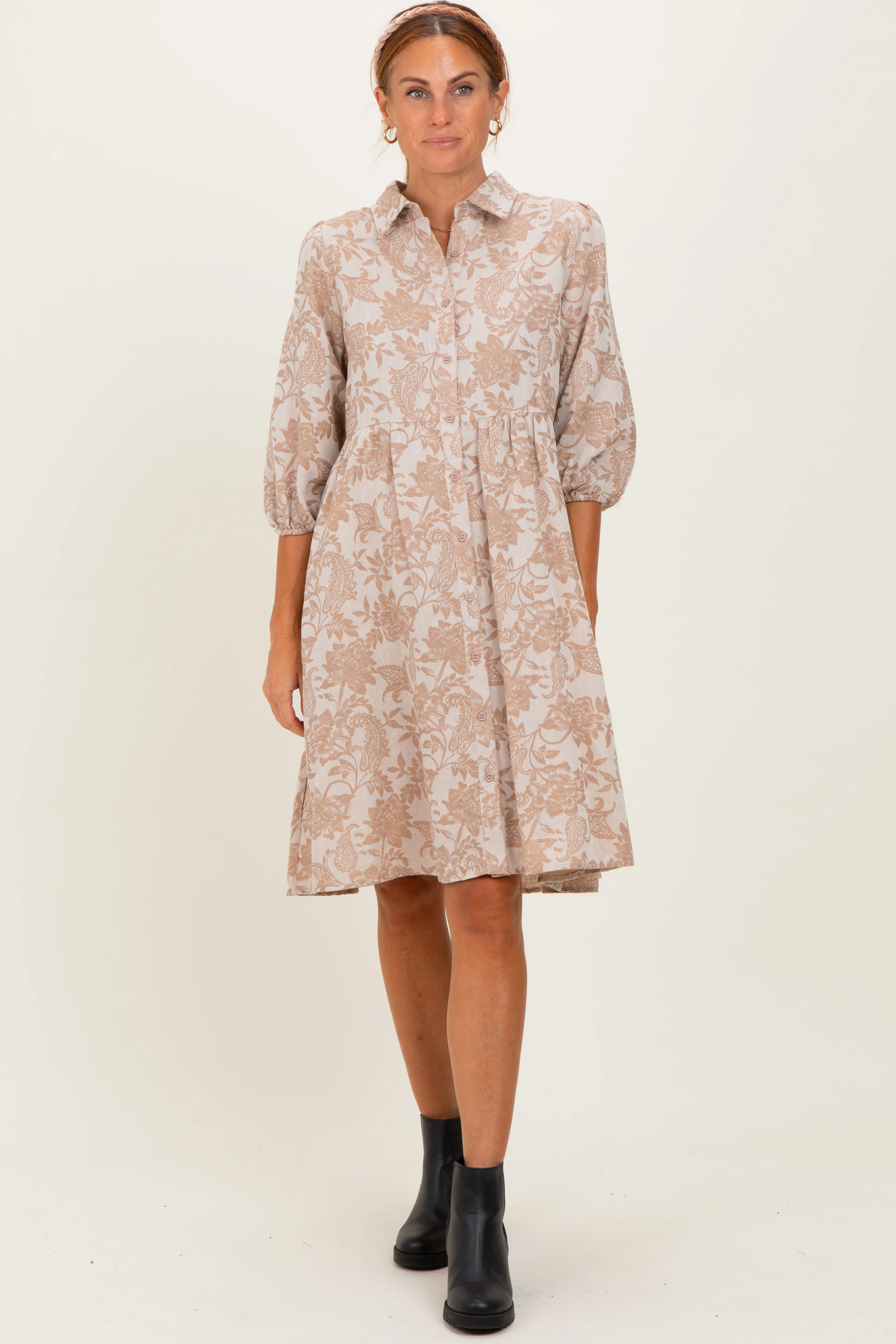 Beige Floral Button 3/4 Long Sleeve Midi Dress - Image 5