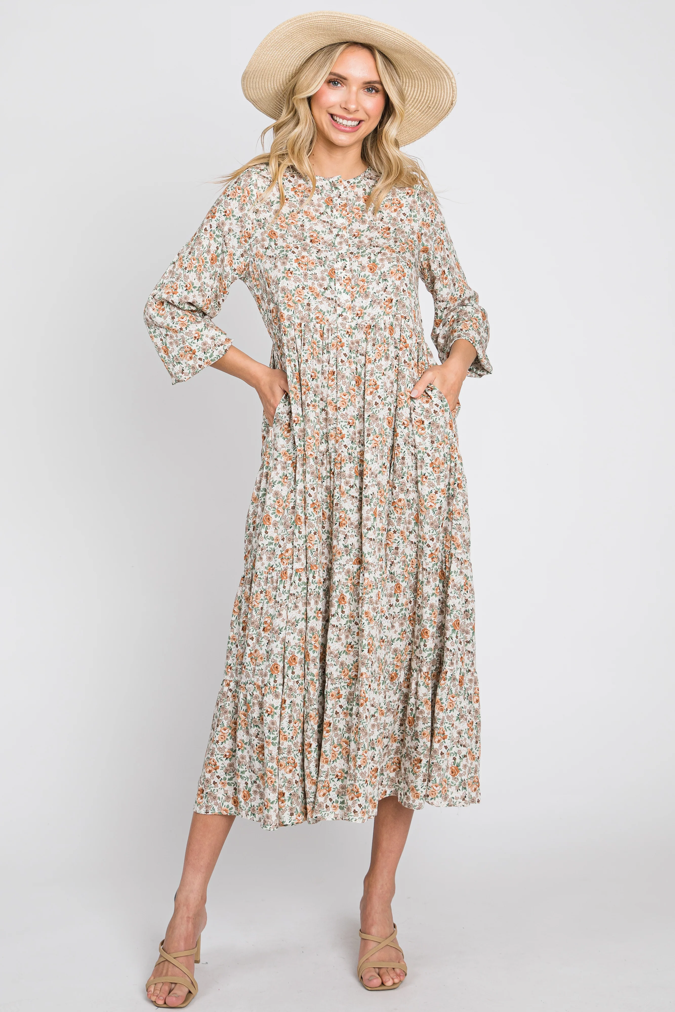 Beige Floral Button Front Long Sleeve Tiered Maternity Midi Dress - Image 6