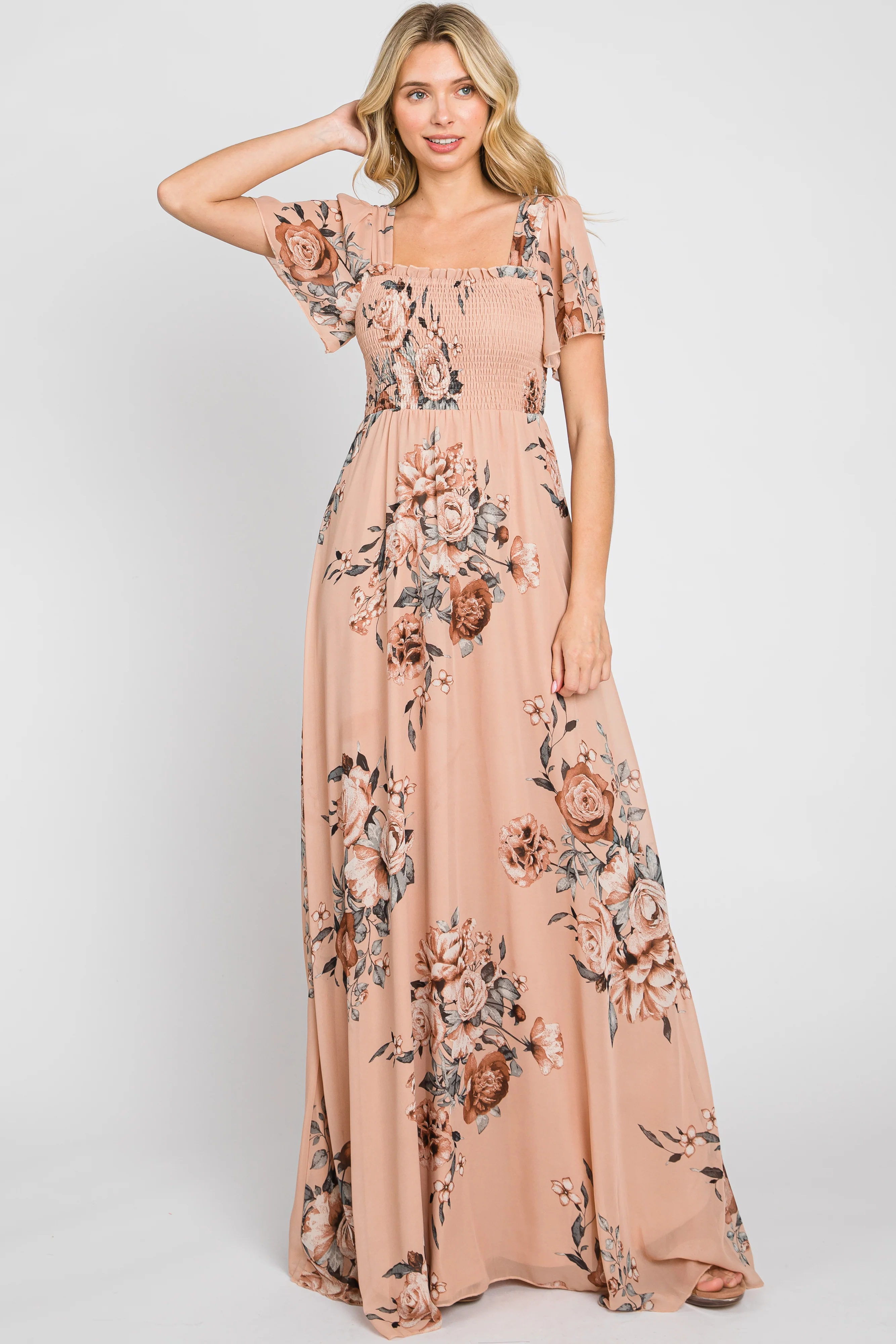 Beige Floral Chiffon Square Neck Smocked Short Sleeve Maternity Maxi Dress - Image 6