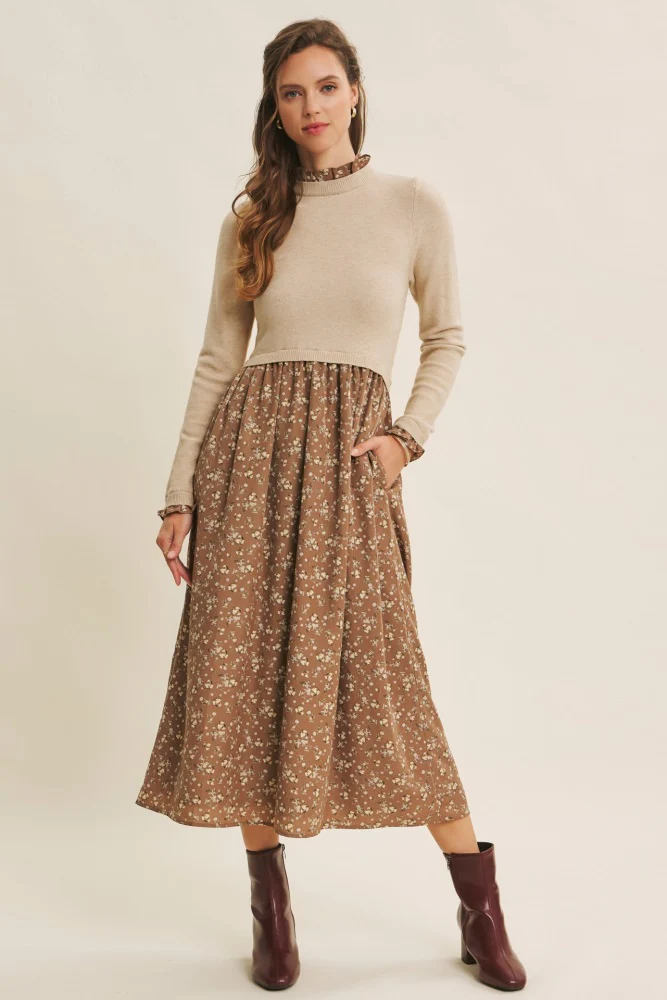 Beige Floral Contrast Knit Top Midi Dress - Image 2