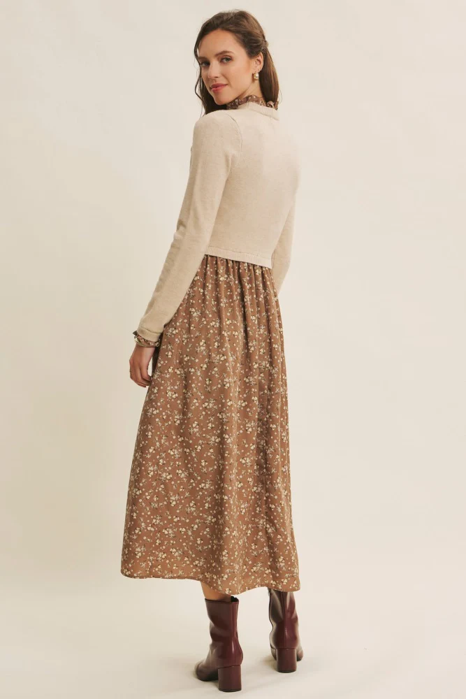 Beige Floral Contrast Knit Top Midi Dress - Image 5