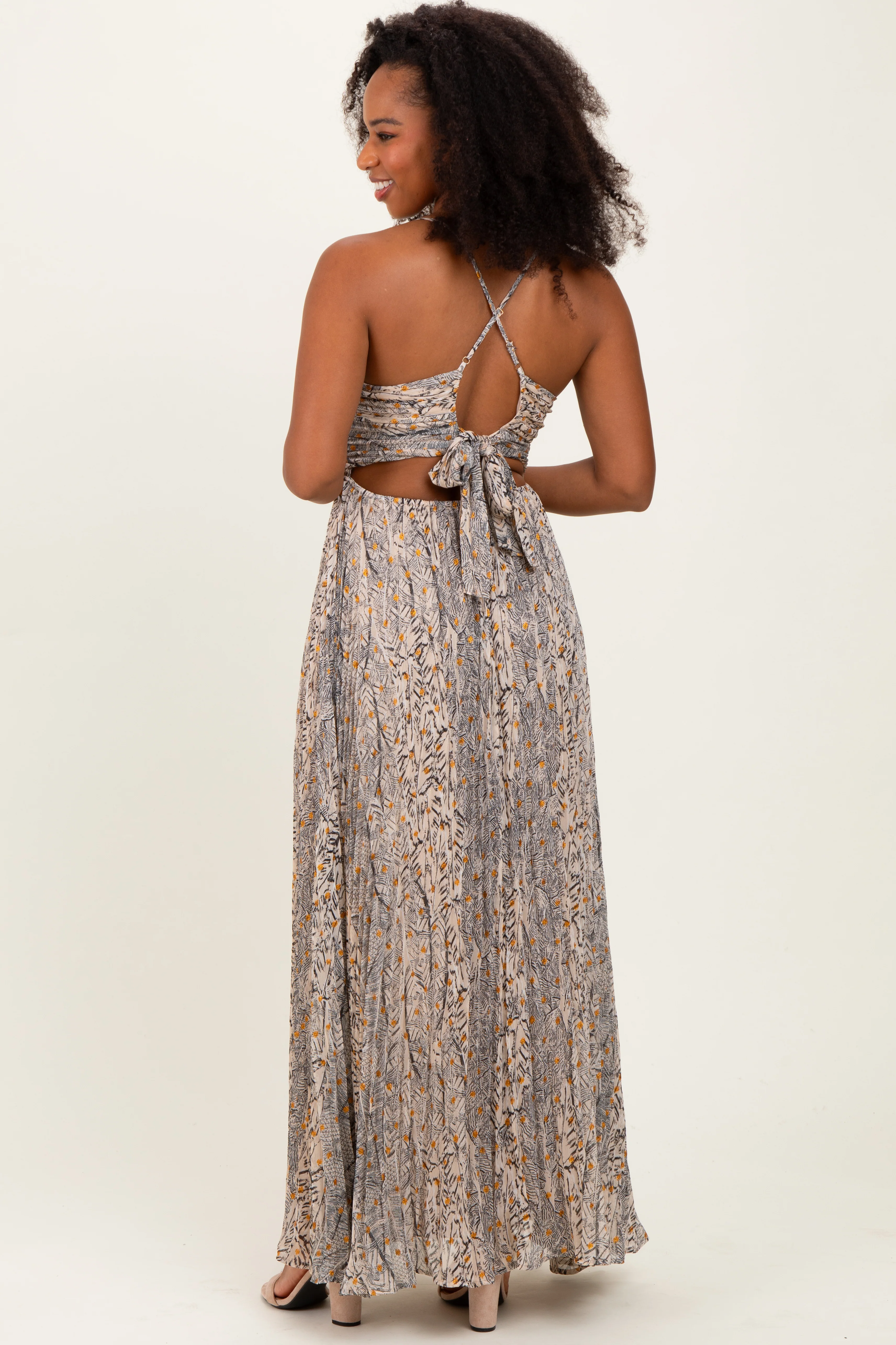 Beige Floral Cutout Tie Back Maxi Dress - Image 4