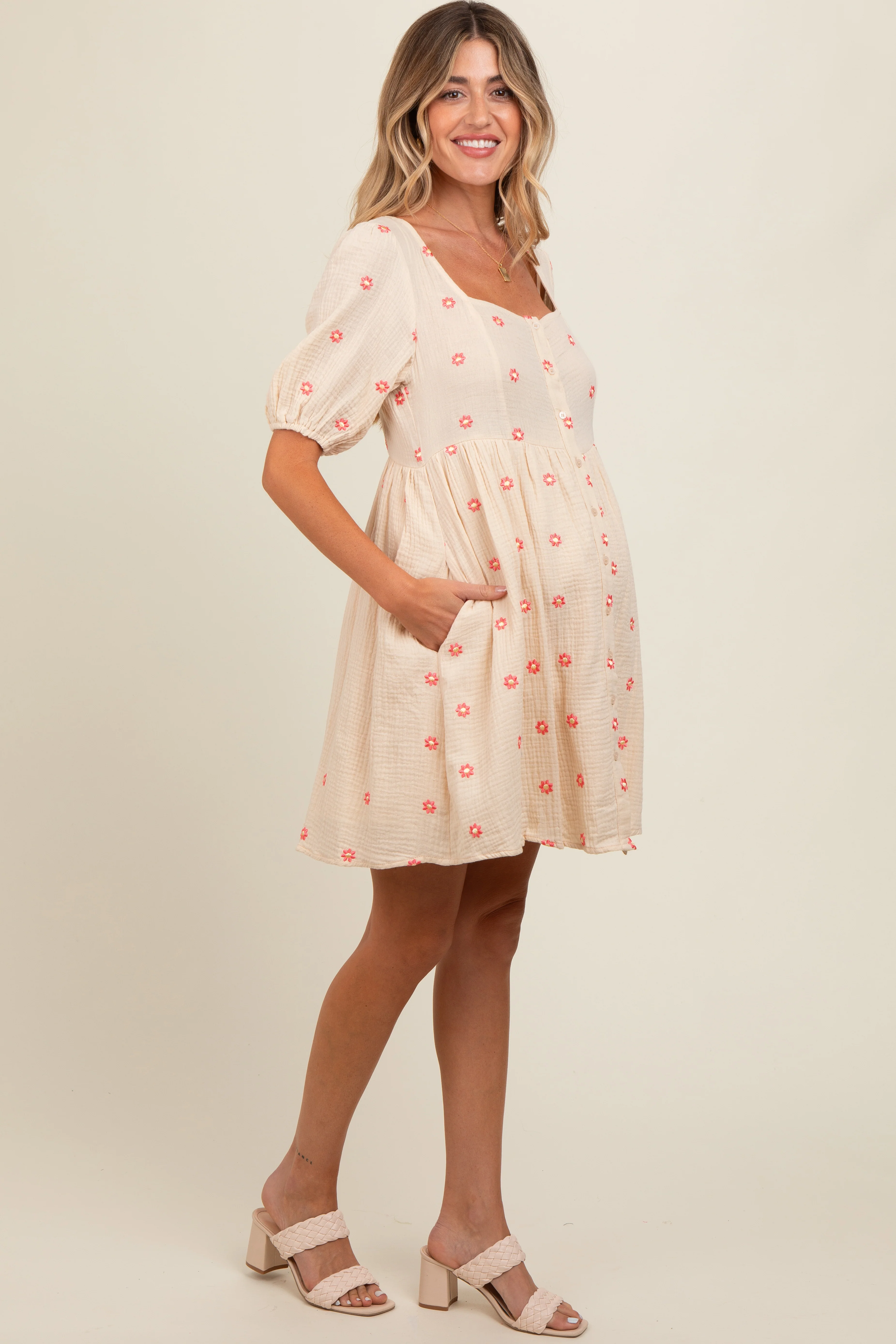 Beige Floral Embroidered Button Front Short Sleeve Maternity Dress - Image 4