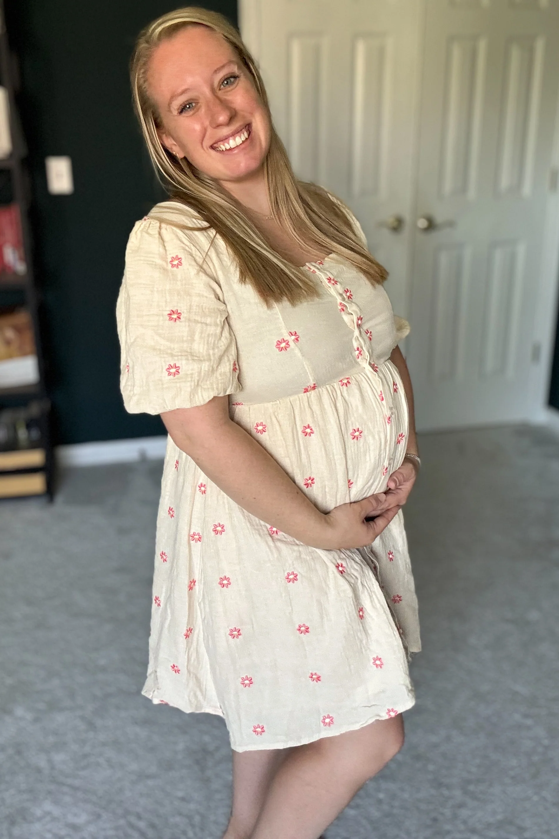 Beige Floral Embroidered Button Front Short Sleeve Maternity Dress - Image 6