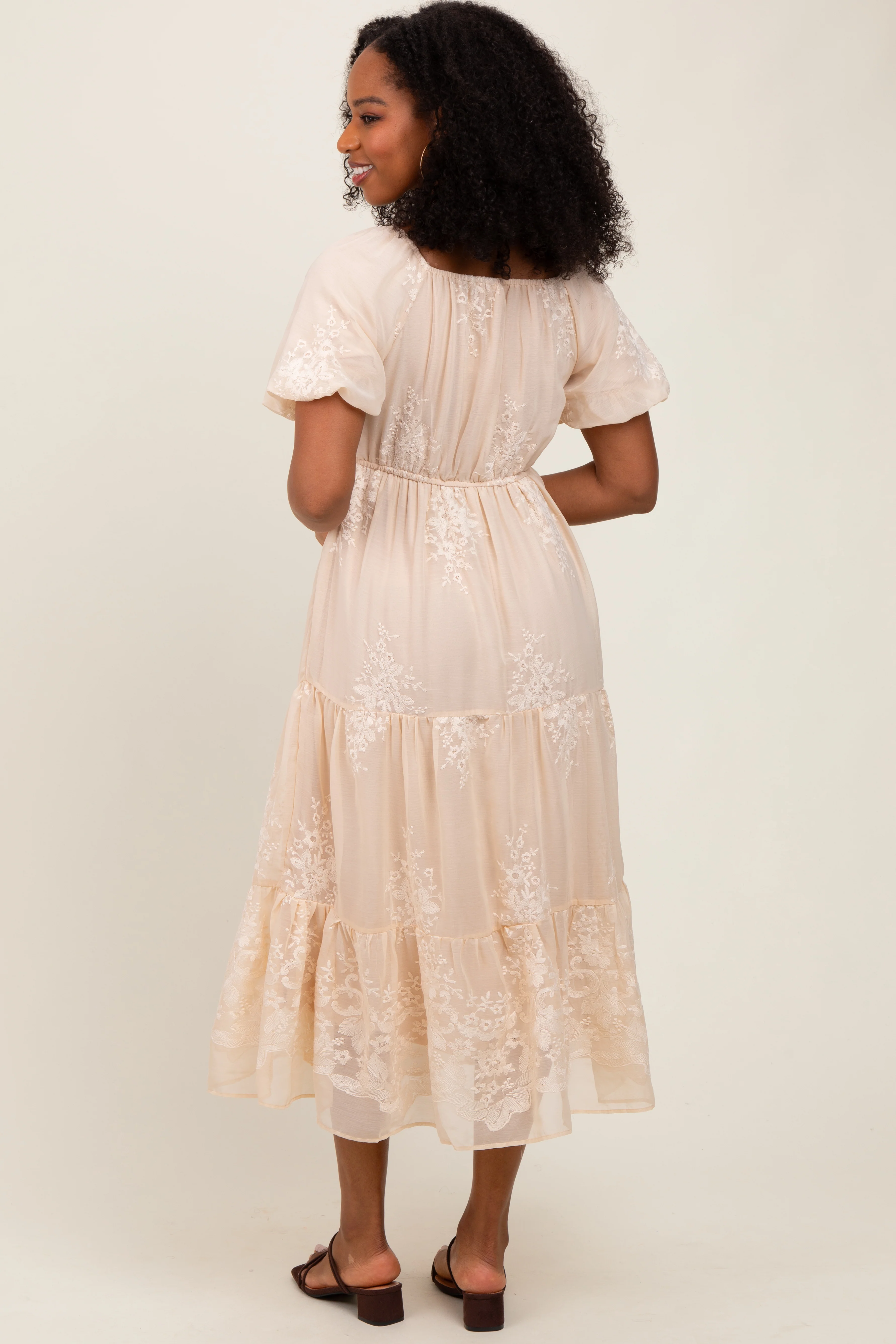 Beige Floral Embroidered Chiffon Midi Dress - Image 4