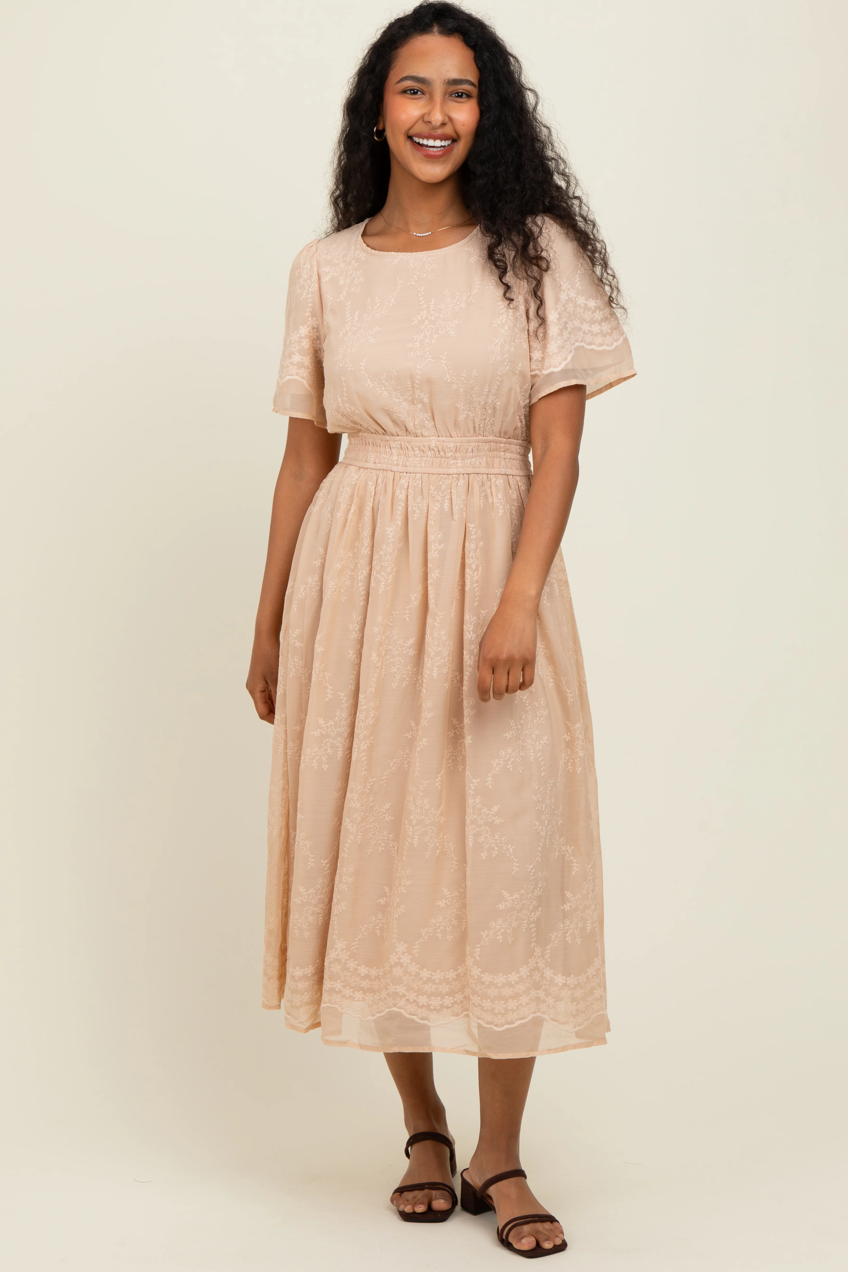 Beige Floral Embroidered Midi Dress