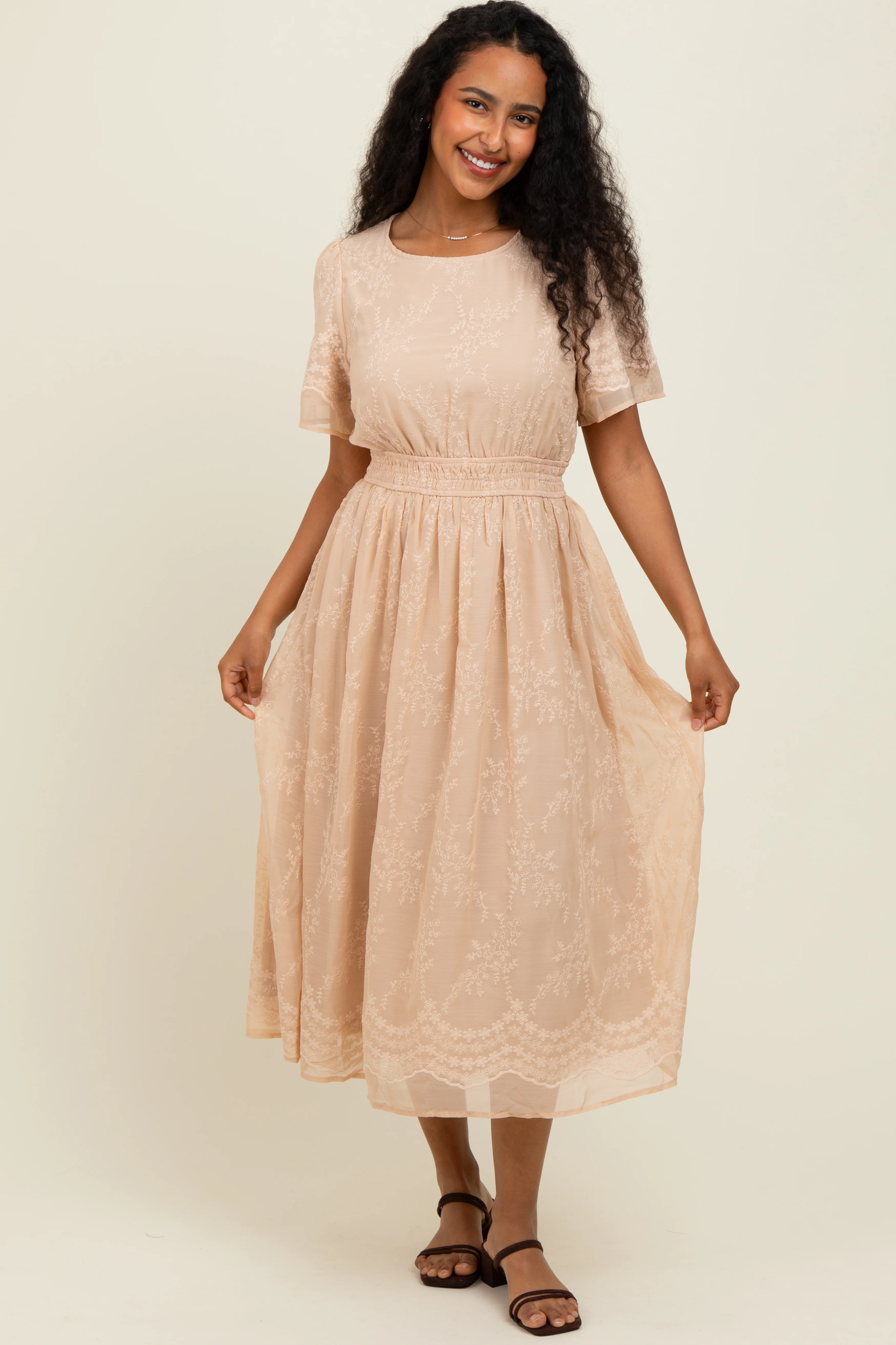 Beige Floral Embroidered Midi Dress - Image 2